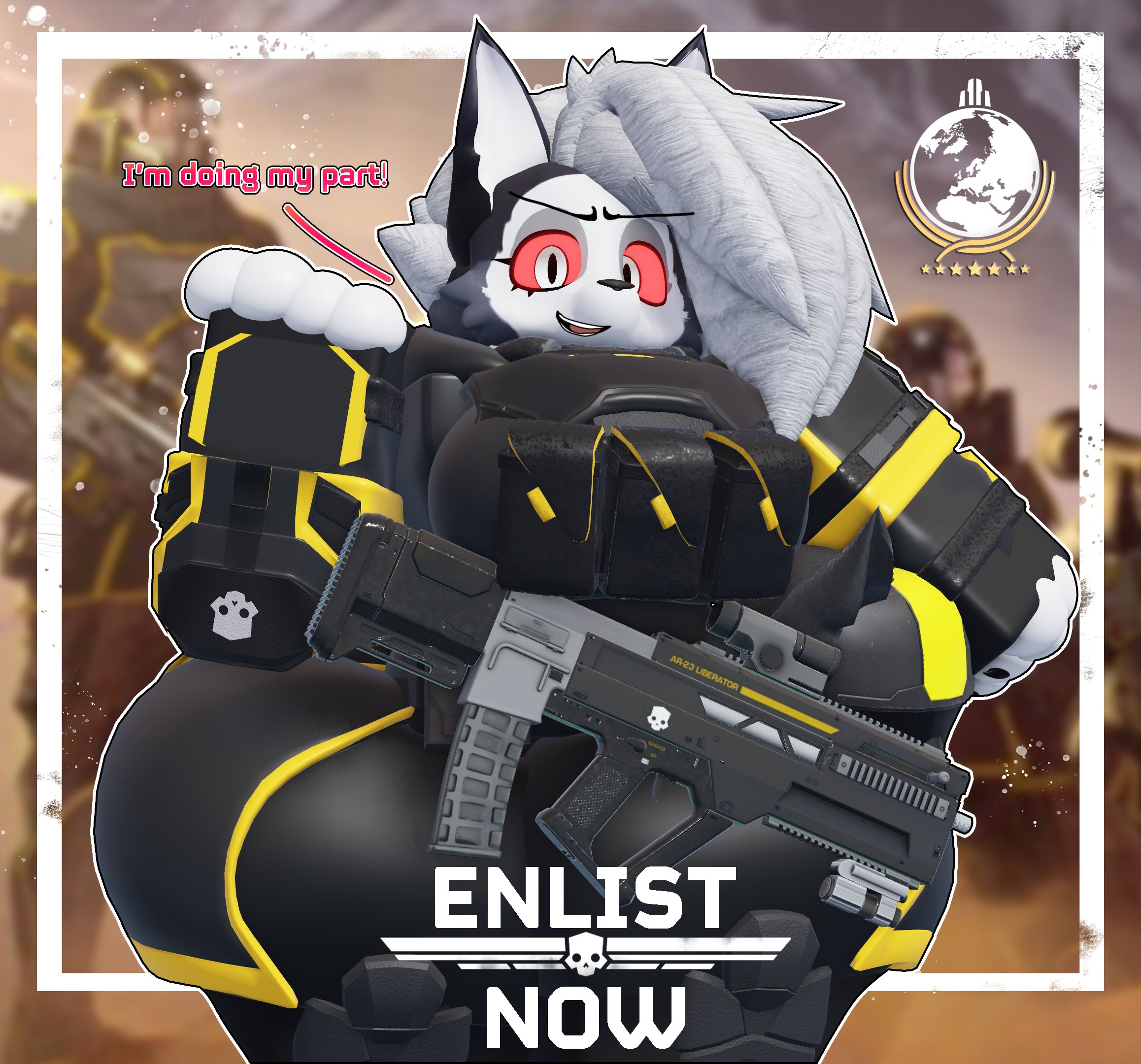 1girls, 2025, 3d, anthro, ass, big ass, big breasts, big butt, breasts, caffinatedbuns, crossover, ears, english text, female, furry, grey fur, grey hair, helldivers, helldivers 2, hellhound, helluva boss, image, long hair, looking at viewer, loona (helluva boss), red sclera, roblox, robloxian, talking to viewer, text, thick, thick thighs, two-tone body, two-tone fur, white body, white eyes, white fur, wide hips, wolf, wolf girl