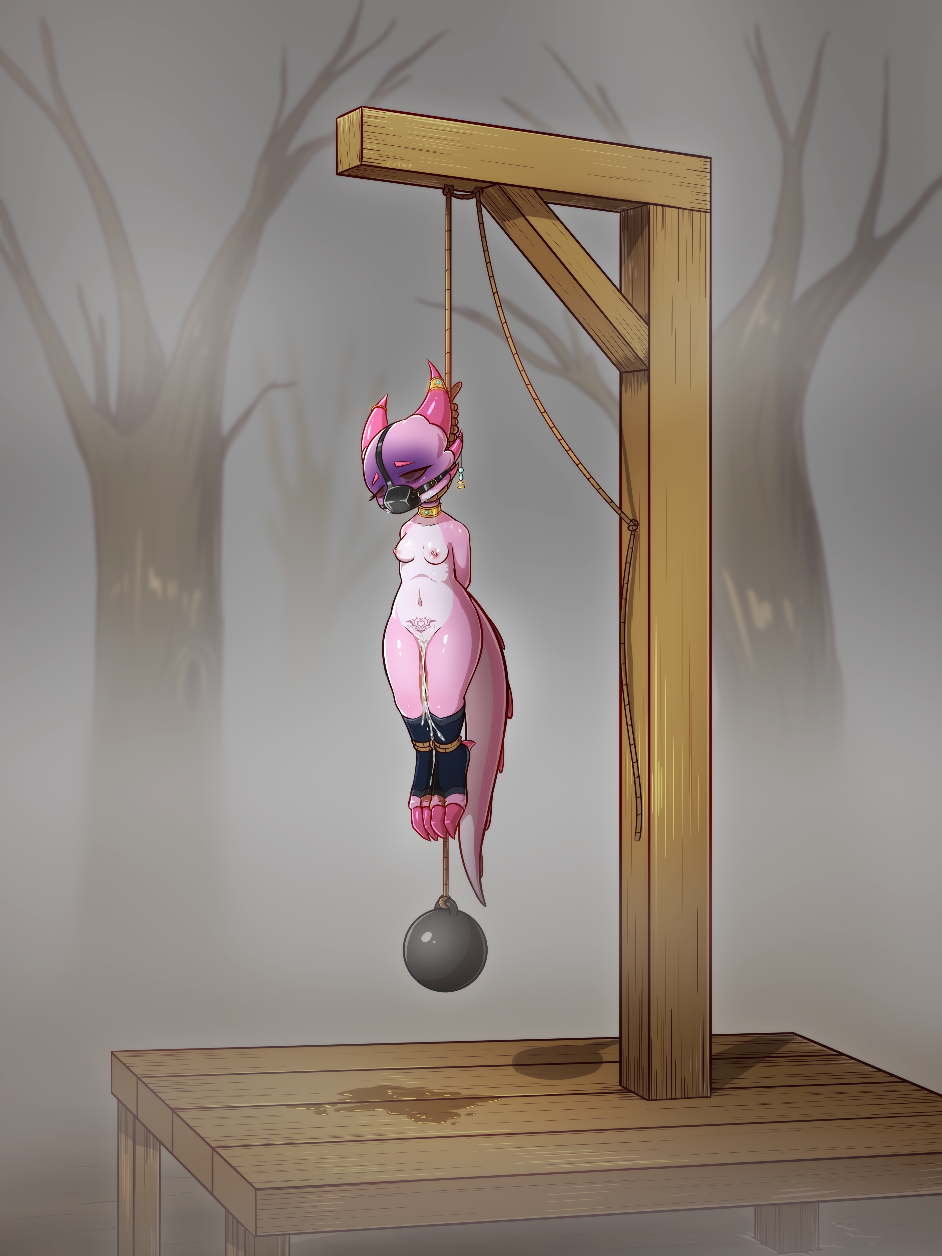 absurd res, after rape, after sex, anthro, asphyxiation, bodily fluids, breasts, claws, cum, cum in vagina, cum inside, cyanosis, death, death piss, dungeons and dragons, dying, e254e, ear piercing, ear ring, execution, female, female death, fog, gallows, genital fluids, genitals, hanged, hi res, kobold, navel, nipple piercing, nipples, noose, nude, piercing, plant, pubic tattoo, pussy, ring piercing, rope, scalie, snuff, solo, tattoo, tree, vulva, weights, xhuri (terror time)
