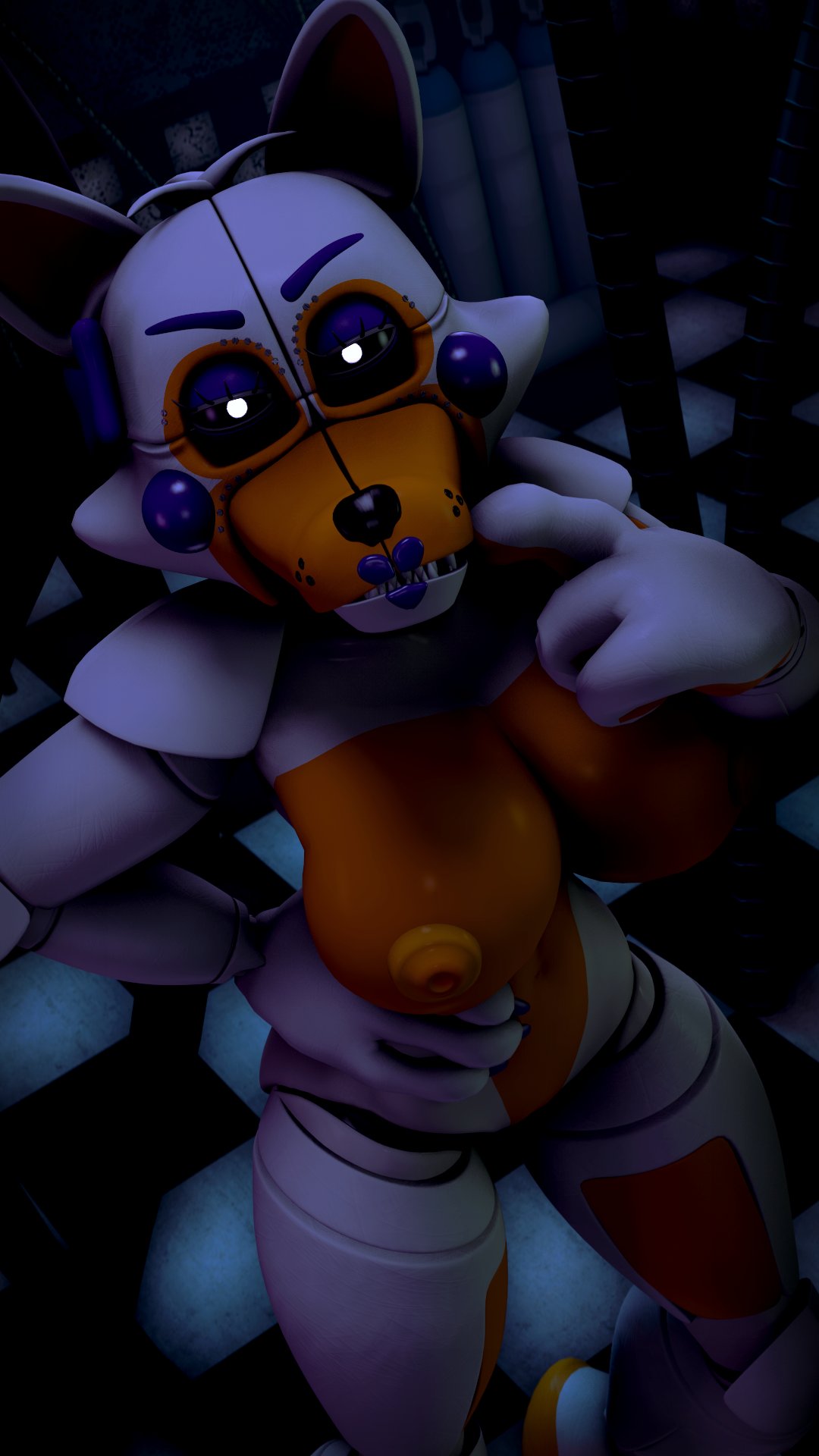 2024, 3d (artwork), 9:16, animatronic, anthro, breasts, canid, canine, checkered, checkered floor, cumterrorist, digital media (artwork), eyebrows, eyeshadow, female, finger to mouth, fingers, five nights at freddy's, five nights at freddy's world, fox, glowing, glowing eyes, hand on hip, hand on own hip, head bow, hi res, high-angle view, inside, lipstick, lolbit (fnaf), looking at viewer, looking up, looking up at viewer, machine, makeup, mammal, medium breasts, nipples, nude, nude anthro, nude female, orange body, orange nipples, purple eyebrows, purple eyeshadow, purple lipstick, robot, robot anthro, scottgames, sharp teeth, sister location, solo, source filmmaker (artwork), teeth, white body