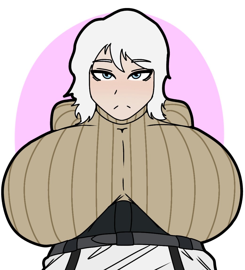 1boy, 1girls, acubedpersonoid, alternate version available, breasts, faust (limbus company), female, limbus company, male, massive breasts, project moon, shipping, sweater, turtleneck, turtleneck sweater, white hair, yi sang (limbus company)