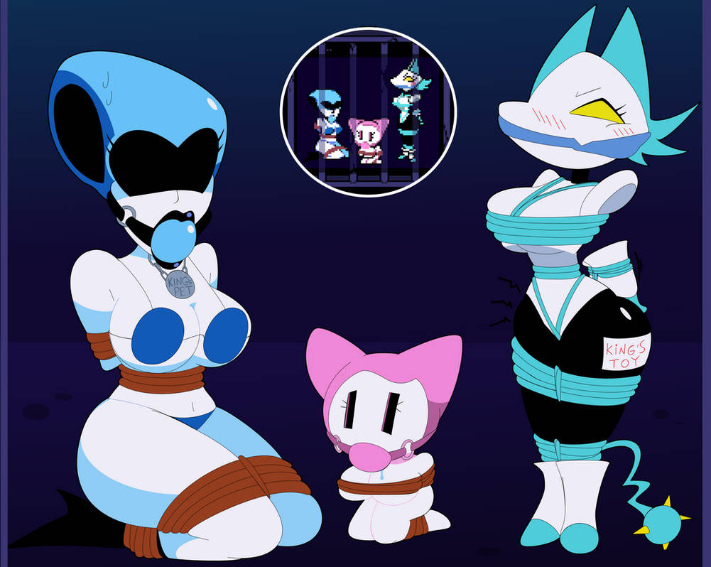 artist request, ball gag, big breasts, bikini, blush, blushing, bondage, breasts, deltarune, deltarune chapter 2, deviantart, eyelashes, female, femsub, gag, humanoid, multiple females, multiple girls, multiple subs, panties, plugboy, queen (deltarune), redstheatre, restrained, restraints, robot, robot girl, sweating, tasque, tasque manager (deltarune)
