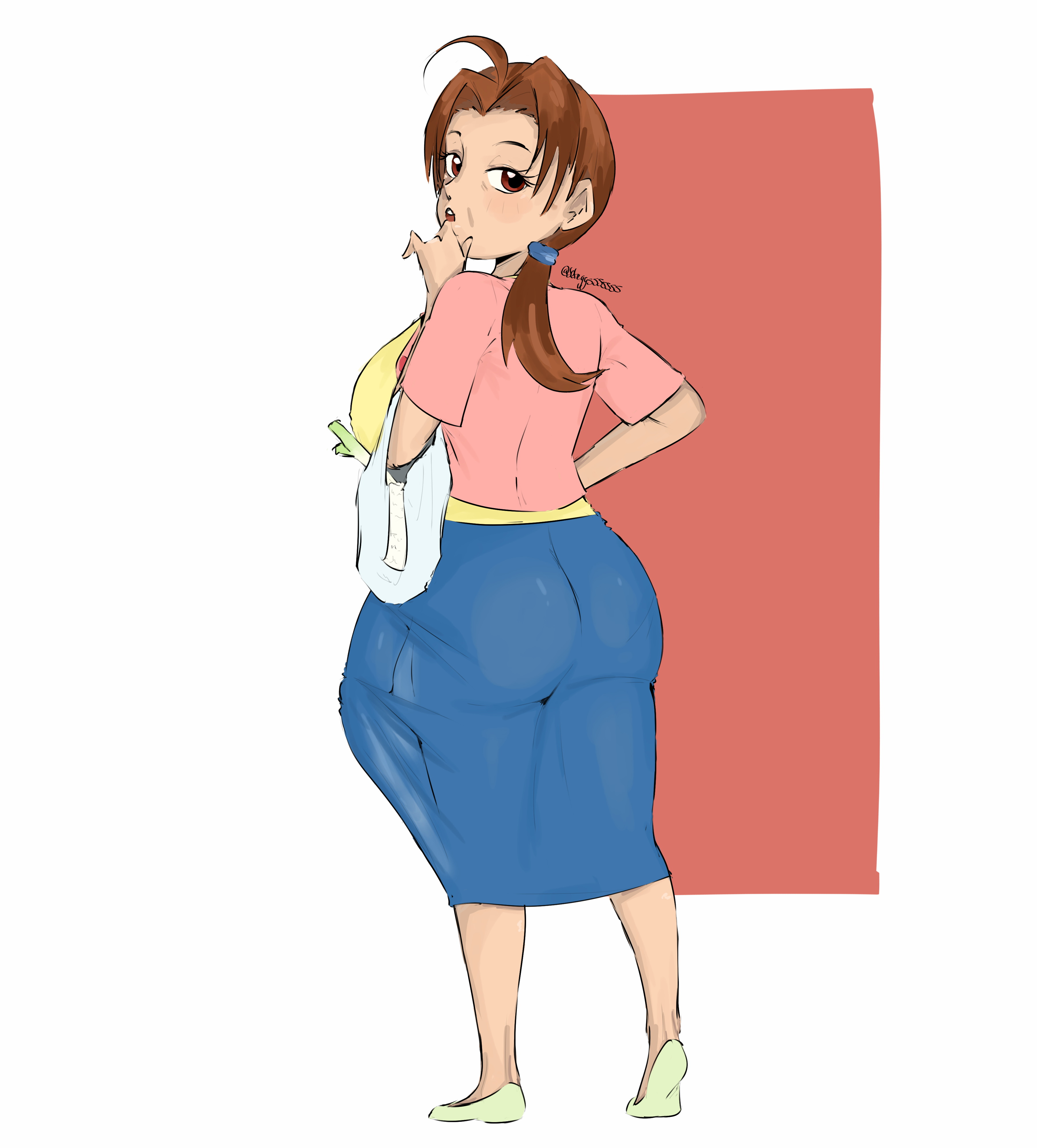 1girls, ass, ass focus, blush, bulge, bulge through clothing, delia ketchum (pokemon), dickgirl, erection under clothes, erection under clothing, female, fully clothed, futa focus, futa only, futanari, intersex, jeteggs, leek, looking back, milf, pokemon, shopping, shopping bag, skirt, solo, solo futa, thick ass