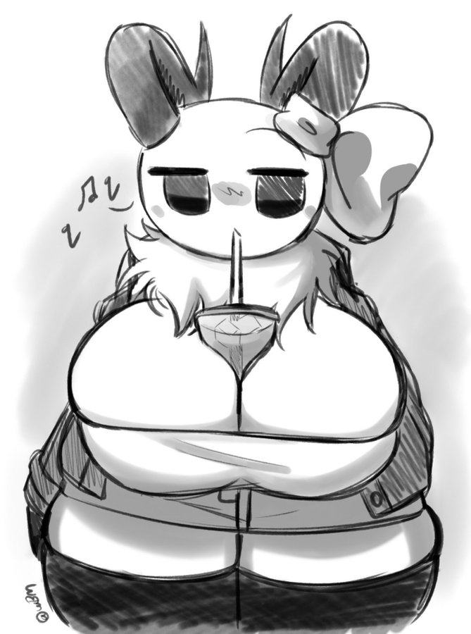 1girls, annabee (woebeeme), black eyes, boba tea, boba tea challenge, breasts, bubble tea challenge, female, female only, highres, monochrome, object between breasts, simple background, woebeeme
