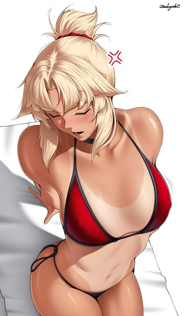bikini, blush, breasts, fate (series), female, female focus, female only, looking away, looking down, looking pleasured, mordred (fate), mordred (swimsuit rider), short hair, small breasts, solo, tanlines, zealyush