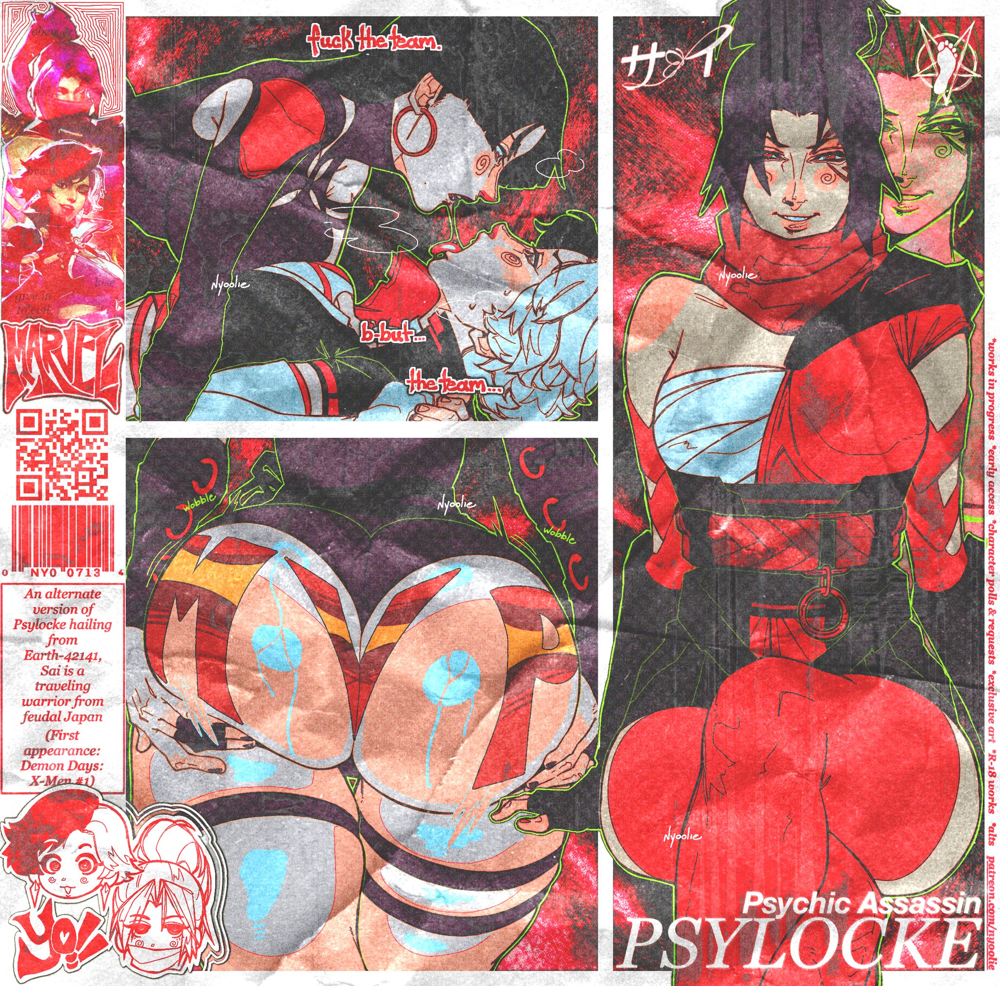 2girls, alternate costume, armpit cutout, artist name, ass, ass focus, ass grab, big ass, black hair, body writing, character name, copyright name, dialogue, drool string, drooling, drooling on partner, earring, english, english text, female, female only, hair up, hoop earrings, huge ass, kissing, legband, leotard, luna snow, luna snow (marvel rivals), marvel, marvel rivals, nyoolie, patreon, patreon url, patreon username, psylocke, psylocke (marvel rivals), psylocke (sai) (vengeance), purple hair, qr code, sweat, sweaty, sweaty ass, text, thong, tongue out, two-tone hair, web address, white hair, wobbling ass, yuri