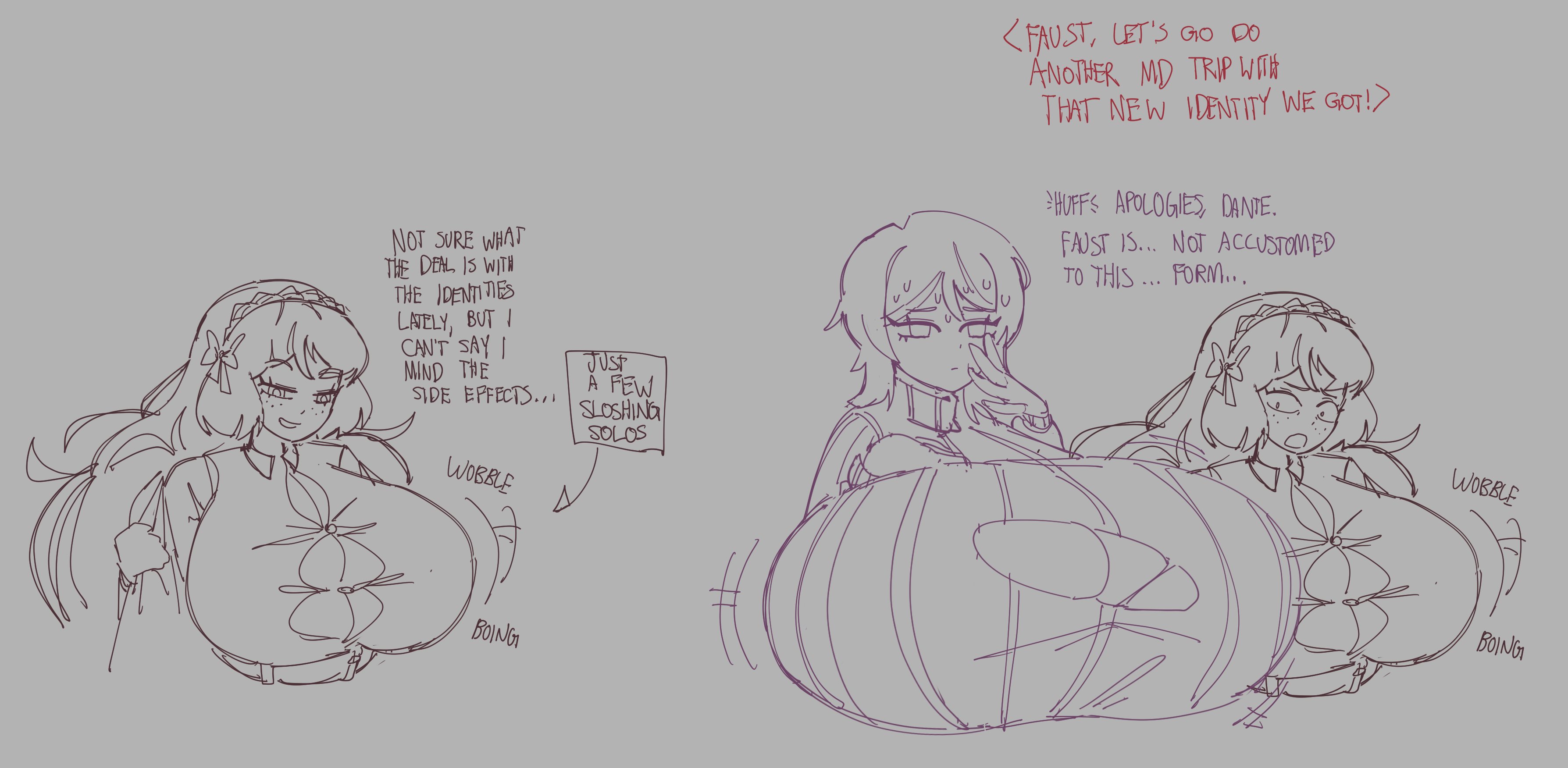 2girls, alternate breast size, big breasts, boing, breast envy, breast expansion, breast growth, breast growth (enlargement), breasts, dotodonoto, faust (limbus company), female, female only, gigantic breasts, huge breasts, inconvenient breasts, ishmael (limbus company), limbus company, massive breasts, project moon, ripped clothing, strained buttons, text, wobble