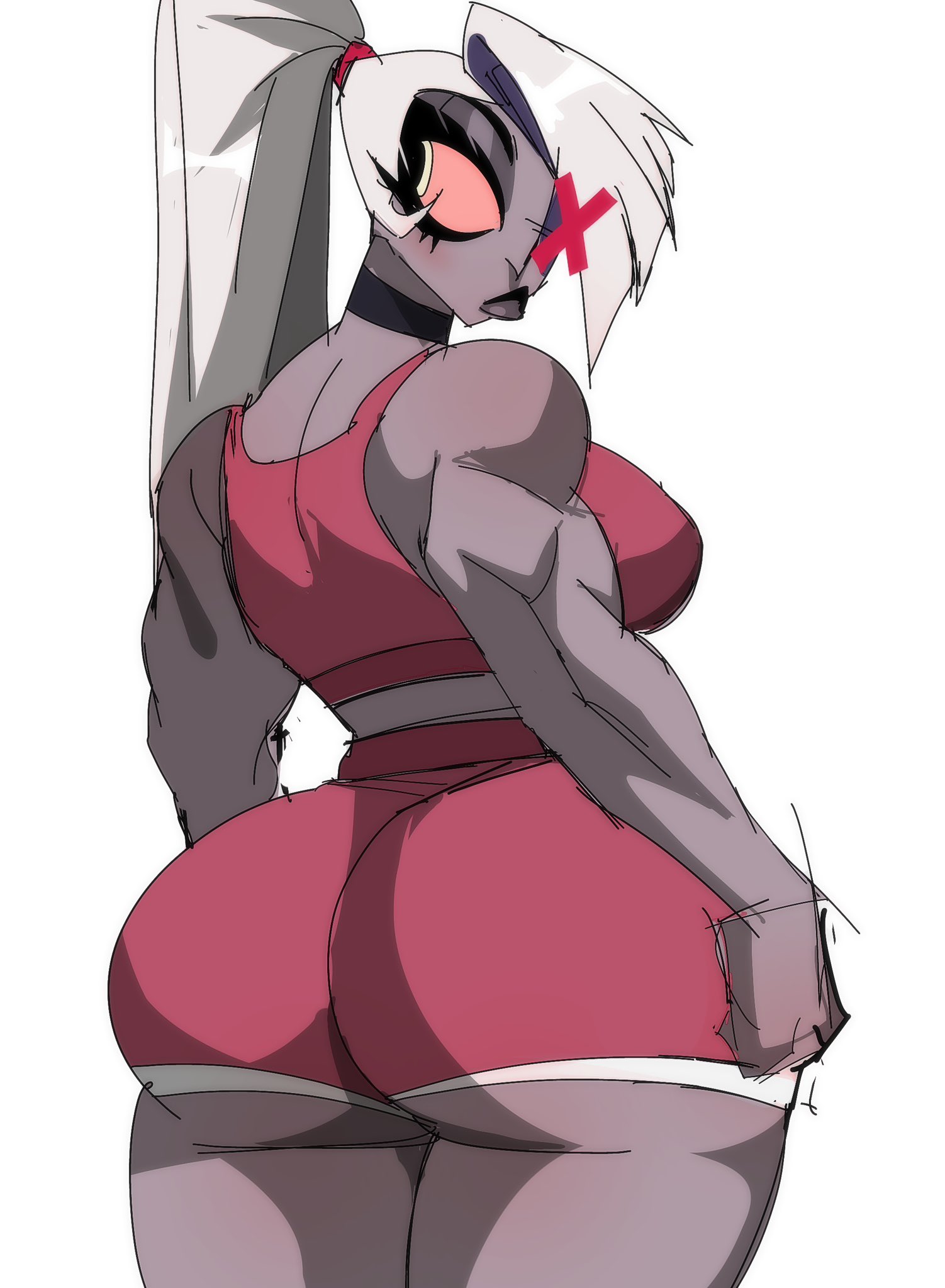 artiah669, ass, ass focus, back view, big ass, big butt, butt focus, cheeked up, demon, demon girl, female, fleshpie669, hazbin hotel, missing eye, muscular, muscular female, ponytail, strong, strong female, thick ass, thick thighs, tight clothing, vaggie (hazbin hotel), workout clothes