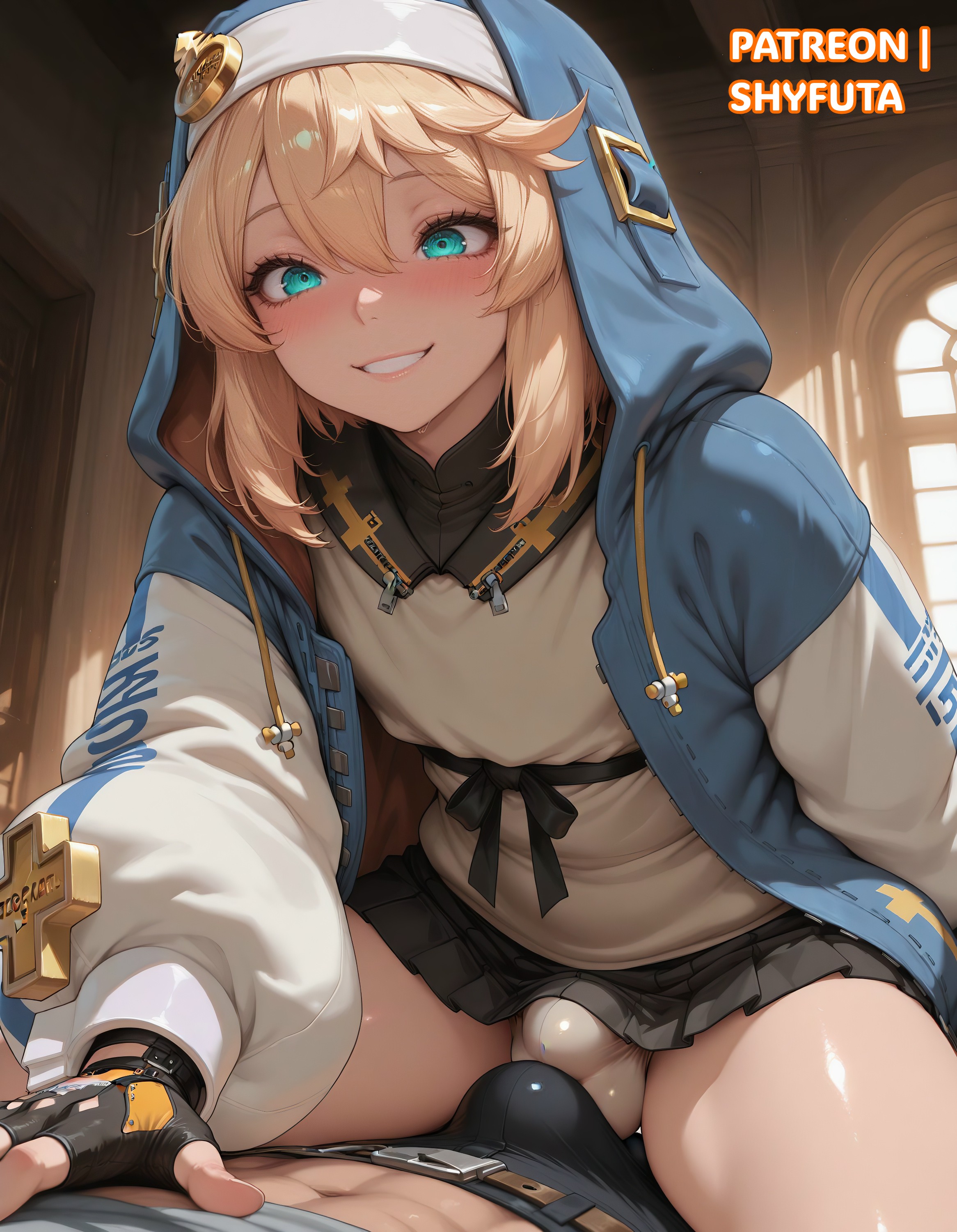 1femboy, 2025, 2boys, ai generated, aqua eyes, bangs, blonde hair, blush, blush lines, bridget, bulge, bulge through clothing, bulges touching, femboy, femboy focus, guilty gear, hoodie, jacket, male, male only, medium hair, otoko no ko, patreon, patreon username, penis, penis bulge, penis under clothes, seductive, shyfuta, sitting on person, skirt, smile, smiling, solo focus, stable diffusion, standing, thighs, trap, yaoi