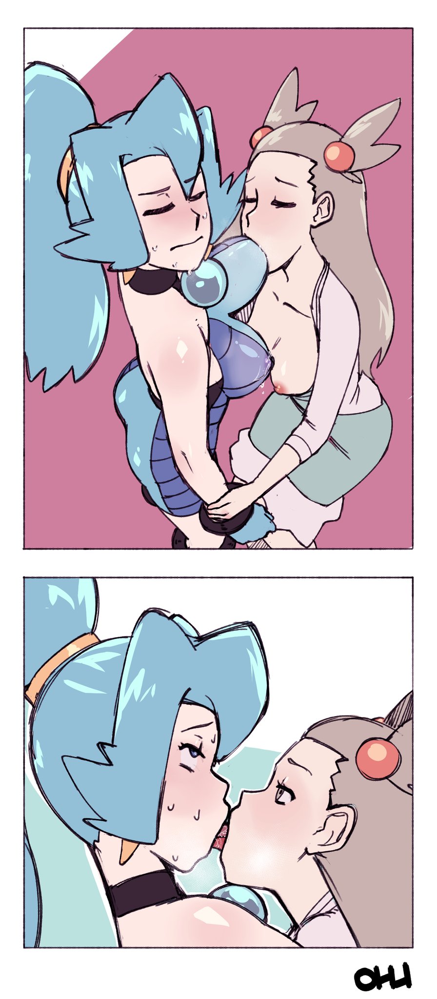 2girls, blue eyes, blue hair, blush, breast sucking, breast sucking through clothes, breasts, breasts out, brown eyes, brown hair, clair (pokemon hgss), clair (pokemon), closed eyes, eyes rolling back, female, game freak, gym leader, jasmine (pokemon hgss), jasmine (pokemon), kissing, ohudraws, partially clothed, pokemon, pokemon gsc, pokemon hgss, ponytail, rolling eyes, secretly loves it, spandex, tongue, tongue kiss, yuri