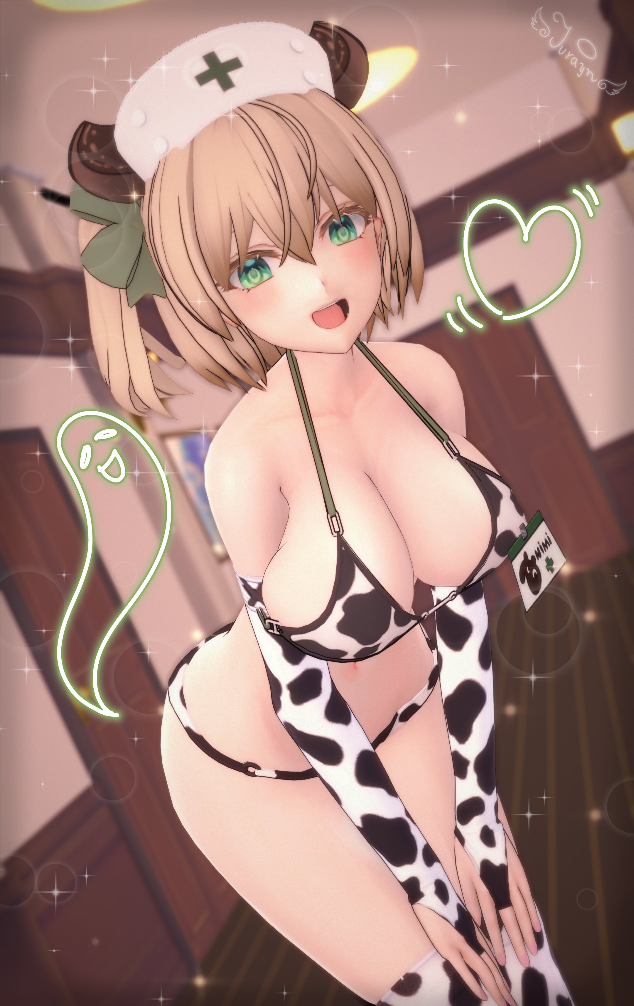 breasts, brown hair, cow bikini, cow girl, cute, female, green eyes, jurayn, large breasts, nimi nightmare, virtual youtuber, vtuber