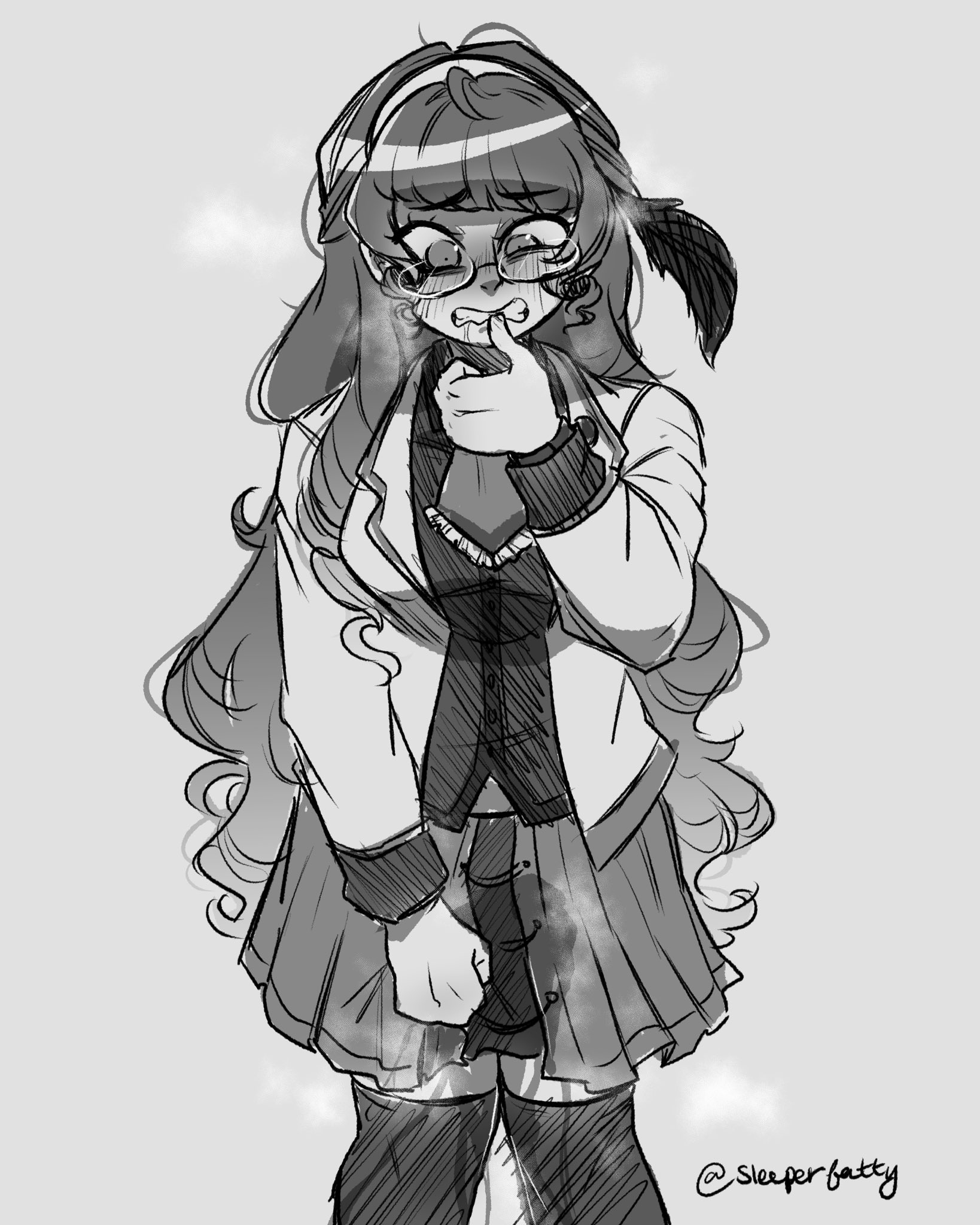 1girls, biting thumb, blazer, blush, blush lines, curly hair, danganronpa, drooling, embarrassed, fanganronpa, female, female only, glasses, headband, omorashi, only female, peeing, peeing self, piss soaked, project: eden's garden, sketch, skirt, sleeperfatty, thighhighs, tsunaka eva, urine, watermark, watersports