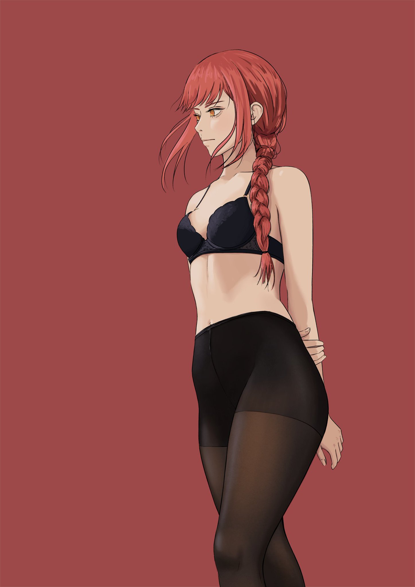 bra, chainsaw man, half nude, makima (chainsaw man), pantyhose, ponytail