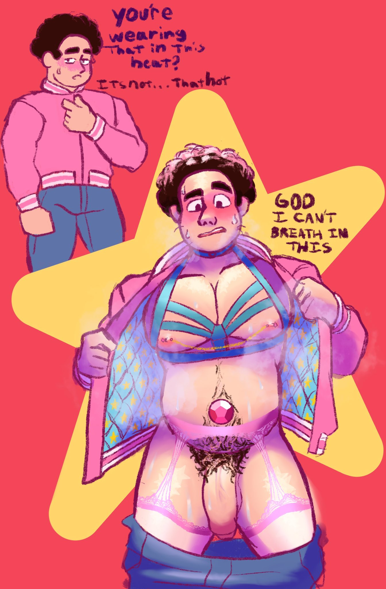 1boy big_penis cartoon_network flaccid flaccid_penis front_view hairy_belly hairy_male jacket jacket_open male male_only nipple_piercing pubes pubic_hair shy simple_background steven_quartz_universe steven_universe steven_universe:_the_movie steven_universe_future sweat sweaty_body various_positions
