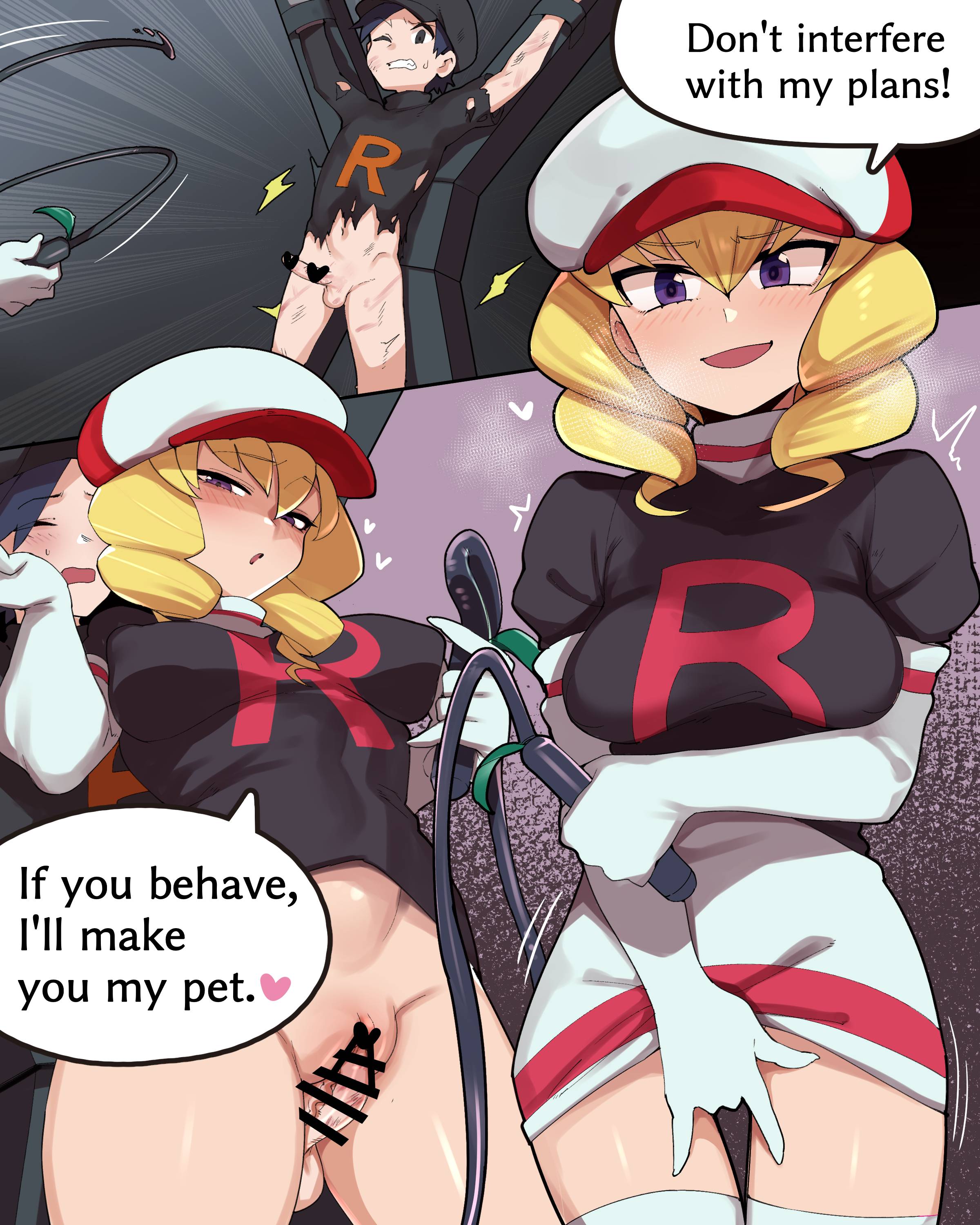 1boy, 1girls, black hair, black shirt, blonde hair, blonde-haired female, blush, bondage, bound, breasts, captured, domino (pokemon), ethan (pokemon), exposed penis, female, female masturbation, femdom, georugu13, gloves, hat, male, malesub, penis, pokemon, pokemon hgss, purple eyes, pussy, restrained, sex, st andrews cross, straight, team rocket, team rocket uniform, thick thighs, tied up, torn clothes, vaginal penetration, whip, whip marks, whipping, white gloves, white shirt