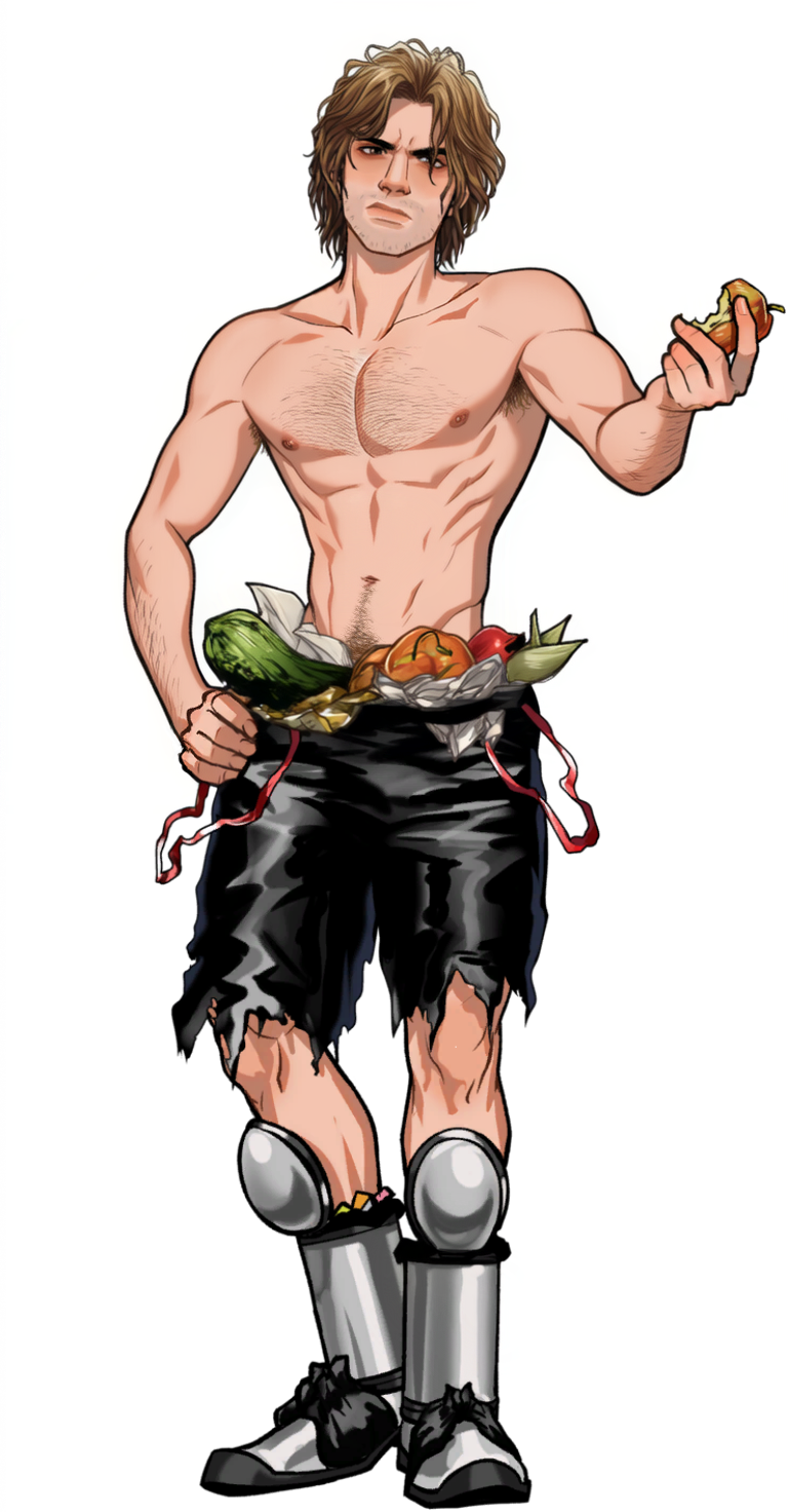 1boy abs ai_generated brown cam_(date_everything) date_everything dirty eyes food hair middle_part narrow_waist nipples pectorals srpite_edit stubble tagme toned_male trash trash_bag v-line