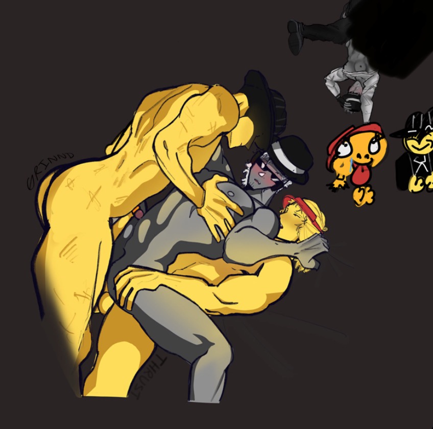 3boys, chance (forsaken), dominant, elliot (forsaken), fedora, forsaken (roblox), gay, gentle, grey body, isszy, mafioso (forsaken), male, male only, penetration, powerbottom, rarepair, roblox, roblox game, robloxian, self upload, slow penetration, submissive male, tagme, threesome, topless, yellow body