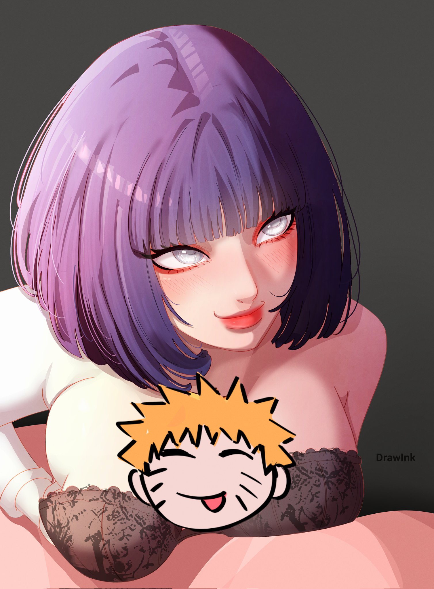 1boy, 1girls, before sex, blush, boruto: naruto next generations, breasts, canon couple, couple, drawink, female, happy, huge breasts, husband and wife, hyuuga hinata, lipstick, male, married couple, naruto, naruto (series), paizuri, preparation, titjob, uzumaki hinata, uzumaki naruto