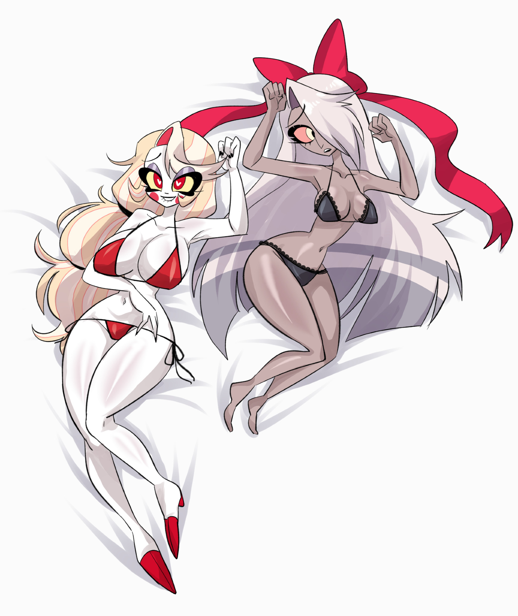 angel, big breasts, bikini, blonde hair, bow ribbon, breasts, canon couple, charlie morningstar (hazbin hotel), demon, duo, female, female only, grey body, hazbin hotel, heart-shaped pupils, ‪nyochandesuyo, nyochandesuyo (artist), on bed, open mouth, open smile, partially clothed, red eyes, smile, teeth, thick thighs, vaggie (hazbin hotel), white body, white hair