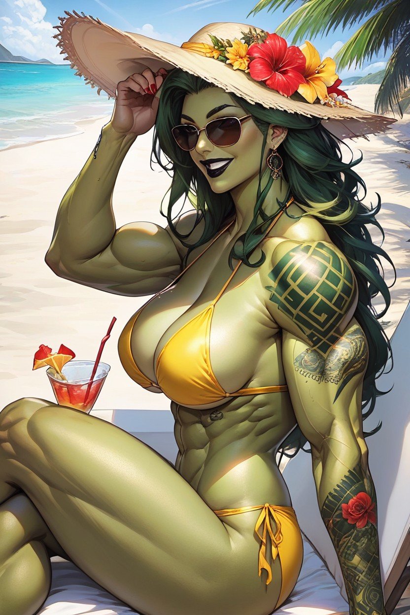 ai, ai art, ai generated, beach, bikini, black lipstick, cocktail, earrings, female, flower on hat, green hair, green skin, green skinned female, grey body, hat, jennifer walters, los angeles, marvel, marvel comics, muscular, muscular female, palm tree, sea, sevalgold, shadow, she-hulk, smile, solo, sunglasses, superhero, superheroine, tattoo, tattooed arm, yellow bikini