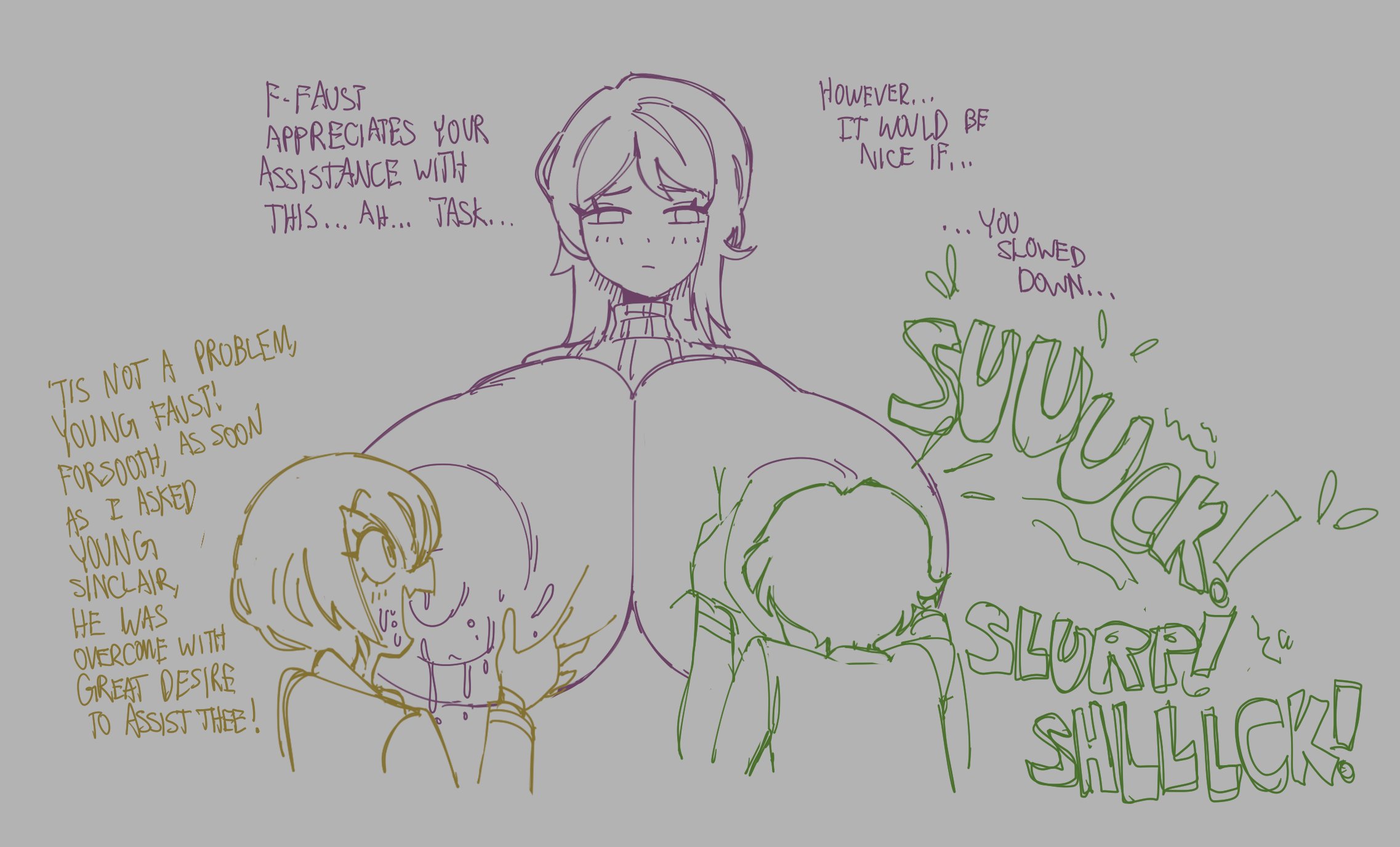 1boy, 2girls, alternate breast size, big breasts, breast sucking, breastfeeding, breasts, don quixote (limbus company), dotodonoto, double breast sucking, faust (limbus company), female, huge breasts, lactating, lactation, limbus company, male, project moon, sinclair (limbus company), slurp, smaller male, text
