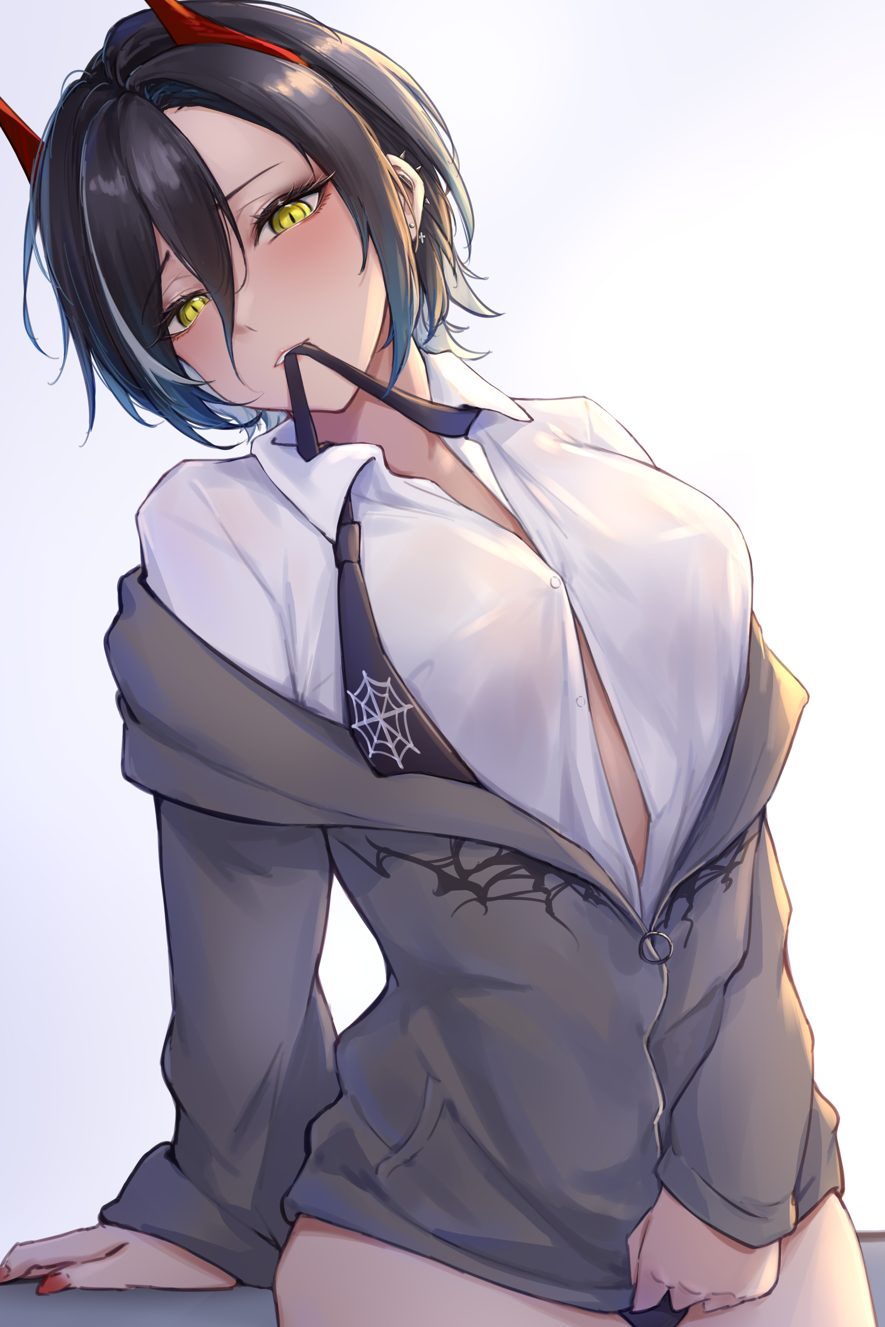 azur lane, black hair, black jacket, black necktie, black panties, blush, breasts, button gap, cardigan, cleavage, collared shirt, cowboy shot, dress shirt, e.c.ho, ear piercing, earrings, female, hair between eyes, horns, jacket, jacket pull, jewelry, large breasts, long sleeves, looking at viewer, mouth hold, multicolored hair, nail polish, necktie, off shoulder, panties, partially unbuttoned, piercing, red horns, red nails, shirt, short hair, simple background, smile, solo, streaked hair, ulrich von hutten (azur lane), ulrich von hutten (what comes after the bell) (azur lane), unbuttoned, underwear, white background, white hair, white shirt, yellow eyes