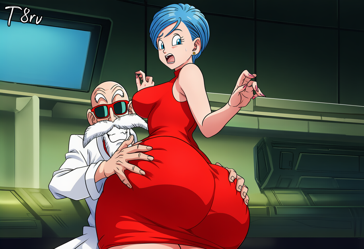 ai generated, ass, ass grab, big ass, blue eyes, blue hair, bulma briefs, clothed, clothing, dragon ball, dragon ball super, dragon ball z, female, grabbing, grabbing ass, master roshi, milf, narrow waist, pervert, t8r, tight clothing, wide hips