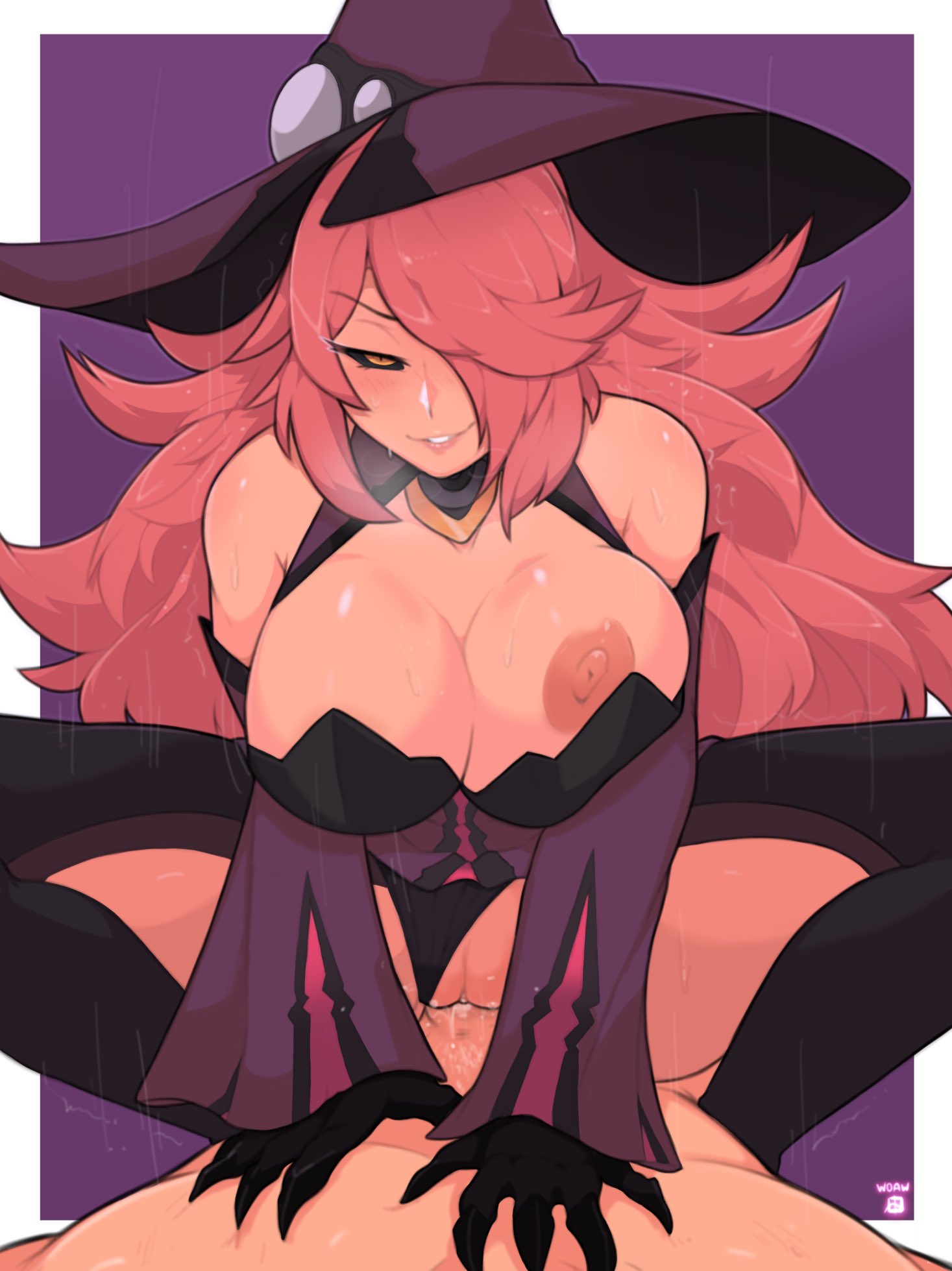 blazblue, blush, breasts, claws, clothed sex, cowgirl position, female, hair over one eye, konoe a mercury, large breasts, long hair, nine the phantom, nipples, orange hair, orange skin, pussy, sex, smile, smirk, vaginal penetration, witch, witch hat, woawdesu