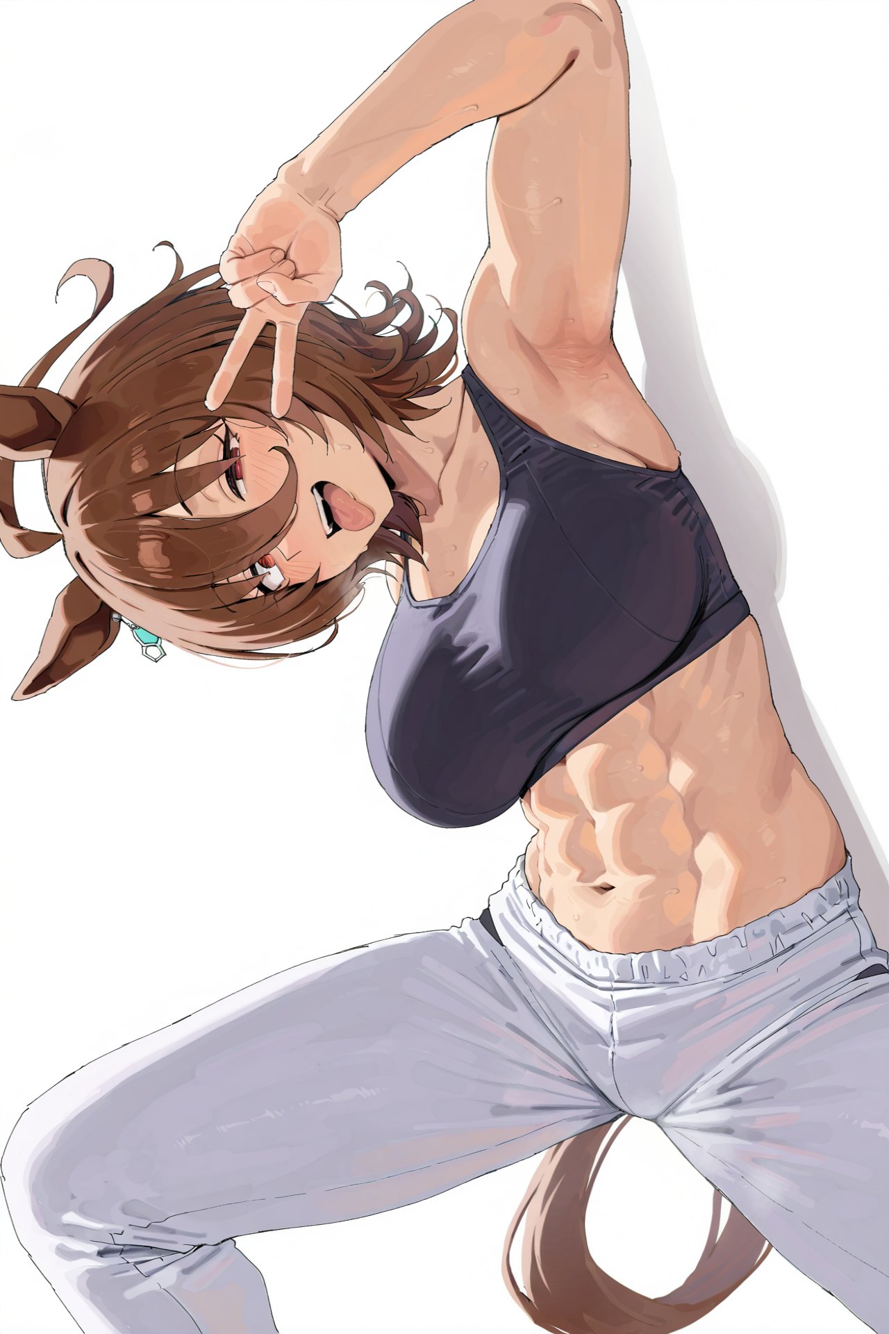 1girls, abs, agnes tachyon (umamusume), ai generated, animal ears, armpit fetish, blush, brown eyes, brown hair, cute, dm 369 dm, female, fringe, hairclip, horse ears, light-skinned female, looking at viewer, medium hair, navel, open mouth, petite, red eyes, slim, sweat, tail, teenager, tongue out, umamusume, umamusume pretty derby, v, white background