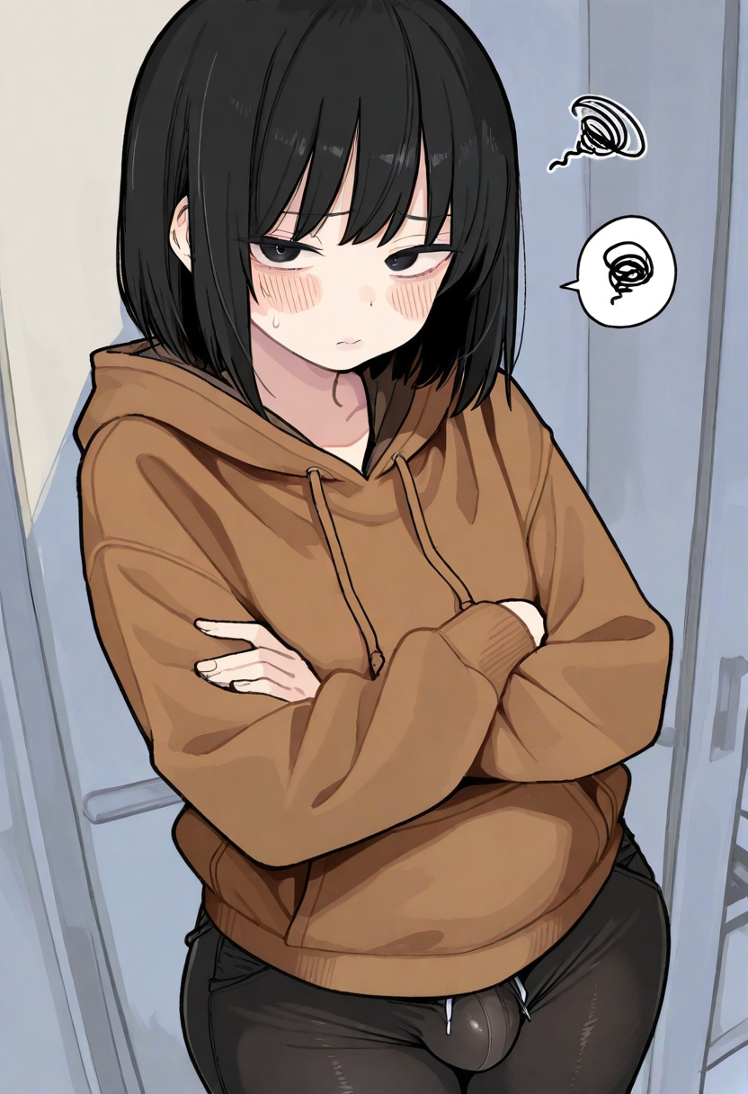 1boy, absurd res, absurdres, ai assisted, ai generated, balls, black hair, blush, bob cut, brown hoodie, bulge through clothing, cowboy shot, crossdressing, crossed arms, dark capri pants, dark eyes, english text, female, femboy, feminine body, feminine boy, feminine male, feminization, flat chest, glow, glow5x, high resolution, highres, indoor, looking at viewer, male, original, original artwork, original character, otoko no ko, plump lips, room, self upload, shiny skin, shy, sissy, solo, text, text bubble, tomgirl, trap, watermark, wide hips