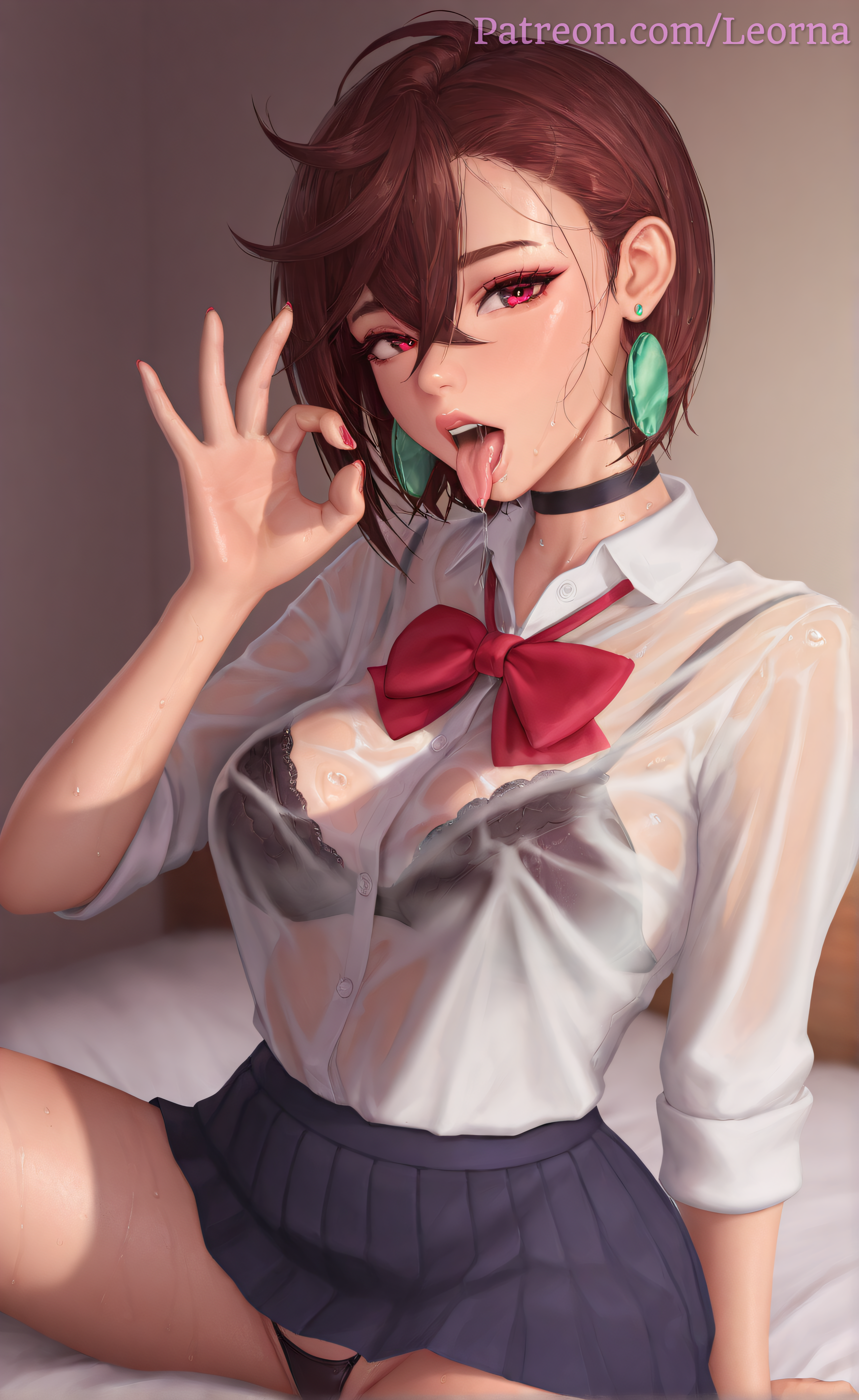 1girls, ai generated, ayase momo, bed, black bra, brown hair, choker, dandadan, earrings, fellatio gesture, female, momo ayase, red eyes, ribbon, school uniform, shirt, skirt, thighs, thong, tongue out, wet, wet clothes, wet shirt