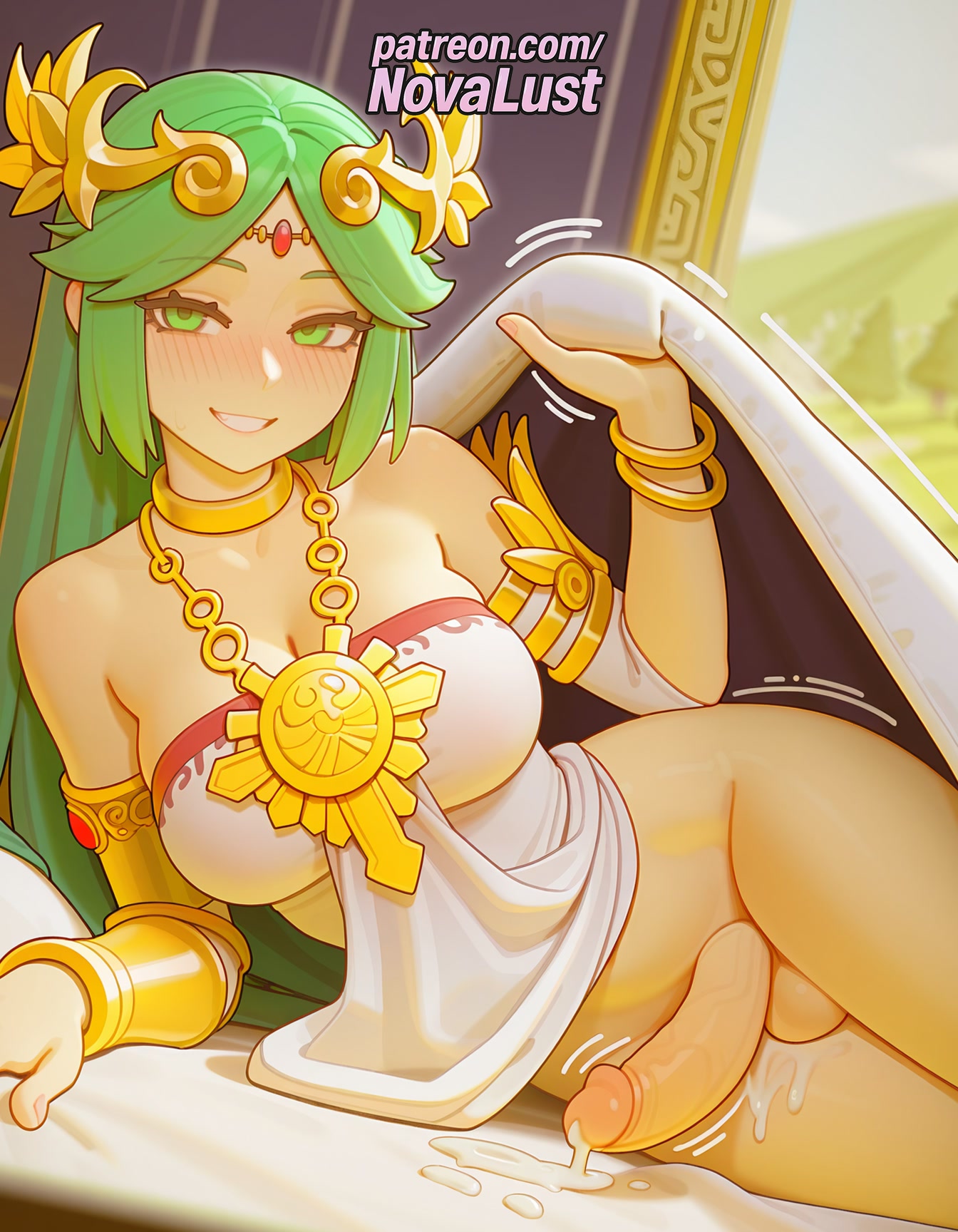 1futa, 2025, ai generated, artist name, balls, blush, breasts, bust, chest, cock, cum, cum on self, cum while penetrated, dick, ejaculation, erection, foreskin, futanari, green eyes, green hair, handsfree ejaculation, hi res, high quality, high resolution, highres, intersex, jewelry, kid icarus, long hair, lying, neck ring, novalust, on side, palutena, patreon, patreon username, penis, precum, single thighhigh, smile, stable diffusion, testicles, tight foreskin, trembling, uncensored, uncircumcised, watermark