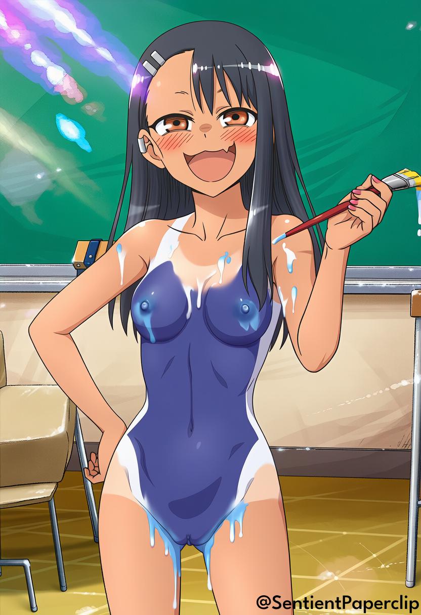 1girls, ai generated, bodypaint, breasts, classroom, exhibitionism, female, hayase nagatoro, painted clothes, please don't bully me, nagatoro, sentientclip, sentientpaperclip, small breasts, solo, solo female