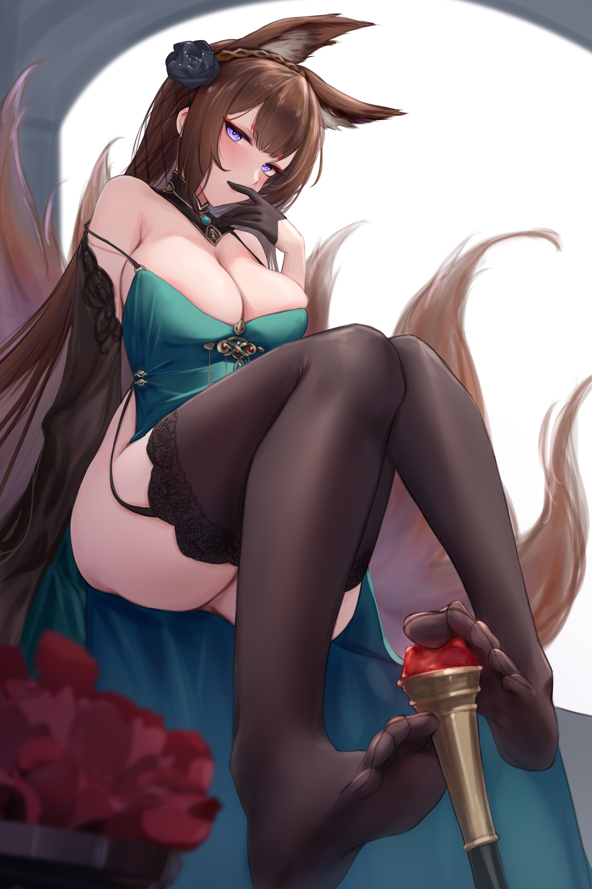 amagi (azur lane), amagi (cv) (throne of fallen petals) (azur lane), animal ear fluff, animal ears, ass, azur lane, bare shoulders, black flower, black gloves, black thighhighs, blue eyes, blush, breasts, brown hair, brown tail, china dress, chinese clothes, cleavage, crossed legs, detached collar, dress, e.c.ho, elbow gloves, feet, female, flower, foot focus, fox ears, fox girl, fox tail, garter straps, gloves, green dress, hair flower, hair ornament, heart, kitsune, large breasts, legs, long hair, looking at viewer, multi tail, no shoes, purple eyes, rose, sitting, smile, soles, solo, strap slip, symbol-shaped pupils, tail, tails, thighhighs, thighs, toes, very long hair