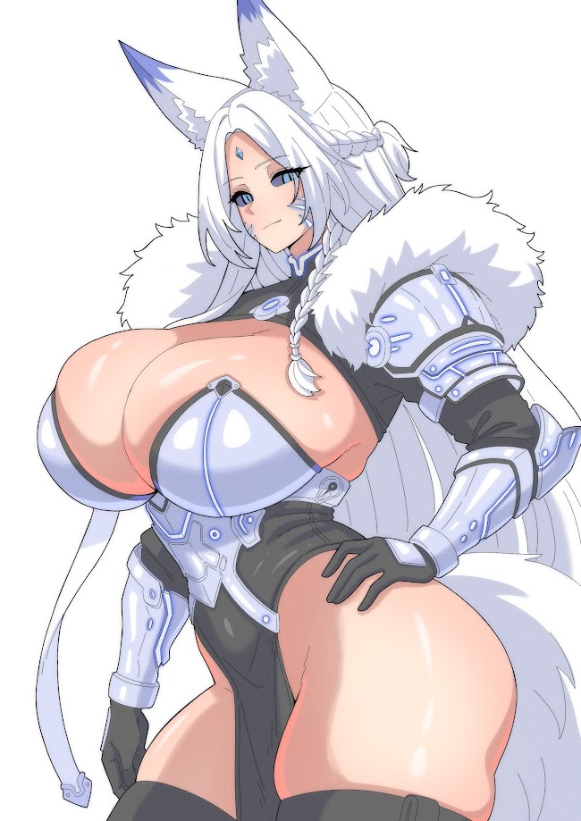 akazuan 19, armor, ass, big ass, big breasts, big butt, big thighs, blue eyes, blue markings, braid, braided hair, breasts, character (isfrid), female, female focus, female only, fox ears, fox girl, fox tail, futuristic, glowing clothes, glowing markings, hand on hip, long hair, sfw, smile, smiling, smiling at viewer, viking, warrior, warrior woman, white fur, white hair, white skin