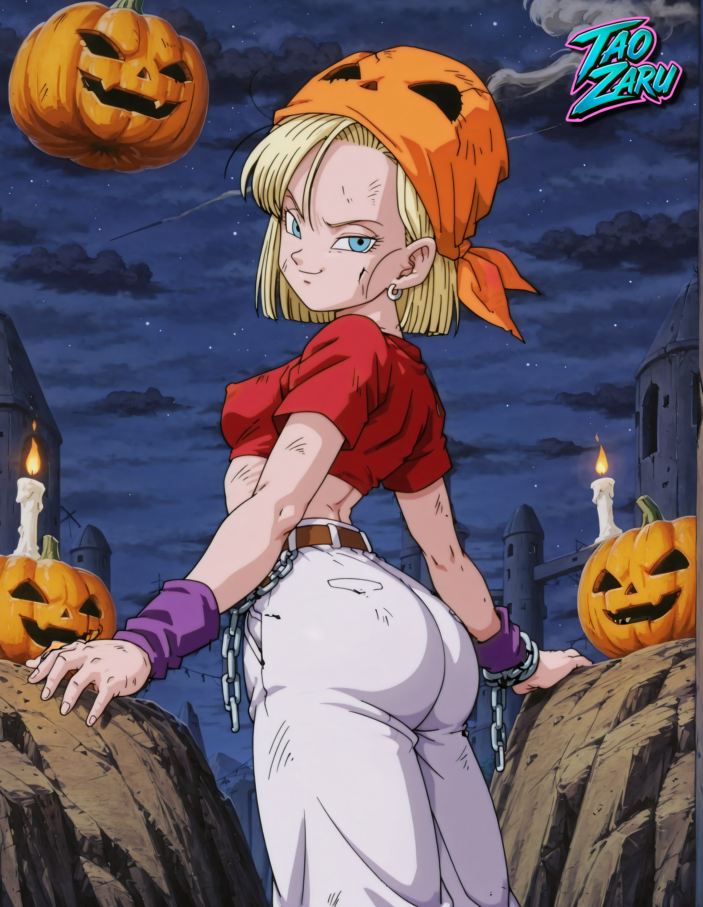 ai, ai art, ai assisted, ai generated, android 18, big ass, costume, dragon ball, dragon ball super, dragon ball z, female, female only, halloween, halloween costume, pan (dragon ball) (cosplay), patreon, taozaru