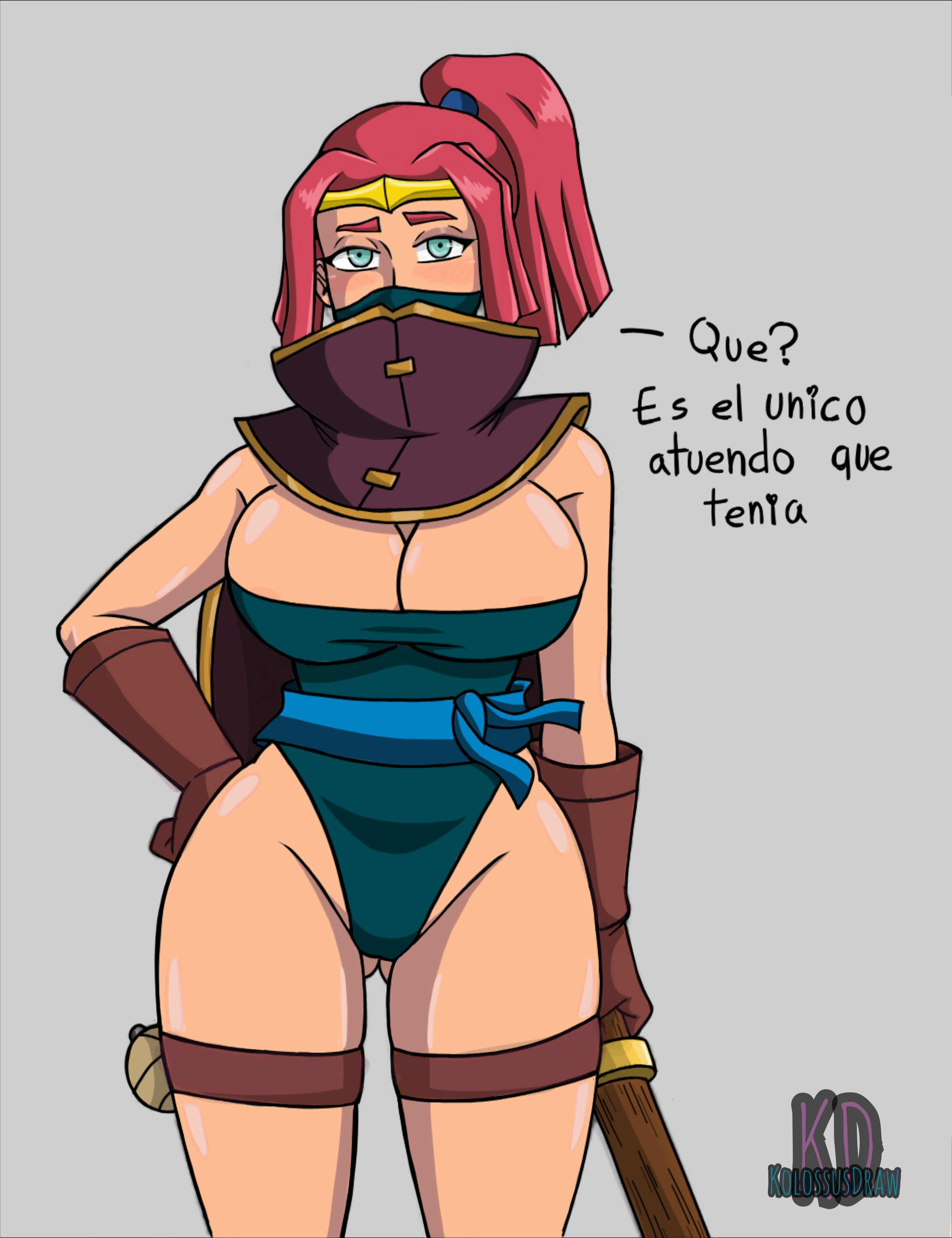 1girls, 2d, 2d (artwork), ass, big ass, big breasts, big butt, boss bandit (clash royale), breasts, clash (series), clash royale, cleavage, clothed, clothed female, clothing, covered face, covered mouth, english translation, female, kolossusdraw, red hair, revealing clothes, text, translated
