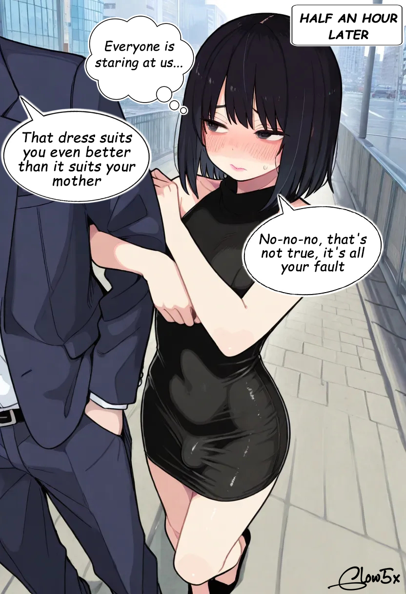 1boy, 2boys, absurd res, absurdres, ai assisted, ai generated, balls, black hair, blush, bulge through clothing, city, crossdressing, dark eyes, english text, female, femboy, feminine body, feminine boy, feminine male, feminization, flat chest, full body, glow, glow5x, hair, high resolution, highres, hugging partner, looking away, male, original, original artwork, original character, otoko no ko, plump lips, self upload, shiny skin, shy, sissy, street, text, text bubble, tight dress, tomgirl, tpink lipstick, trap, watermark, wide hips