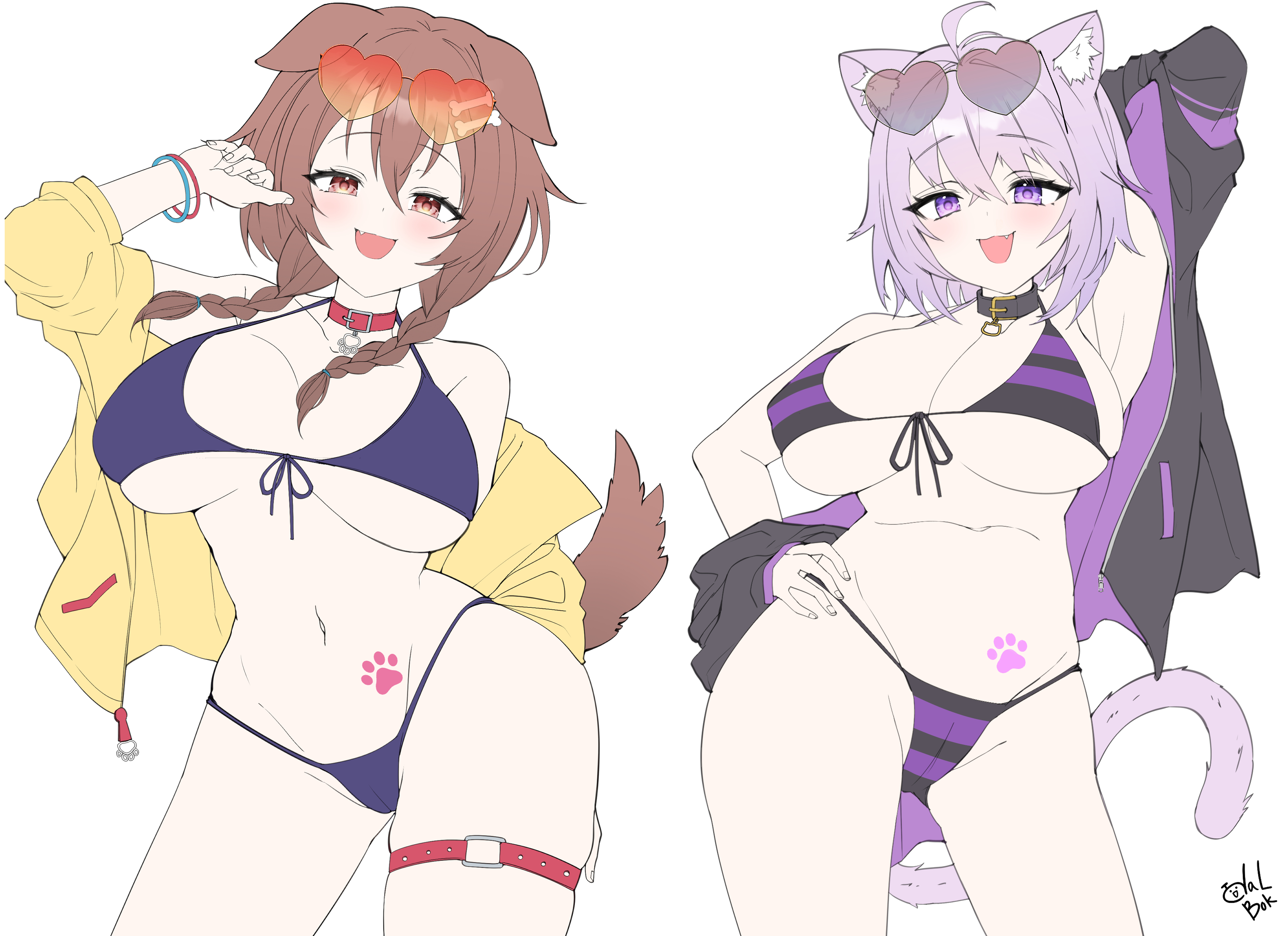 :d, 2girls, arm behind head, armpit, blush, breasts, contrapposto, fang, female, flat colors, hand on hip, hand up, hololive, hololive gamers, hololive japan, huge breasts, inugami korone, legs apart, looking at viewer, multiple females, multiple girls, naughty face, nekomata okayu, one arm up, open jacket, posing, signature, smile, swimsuit, virtual youtuber