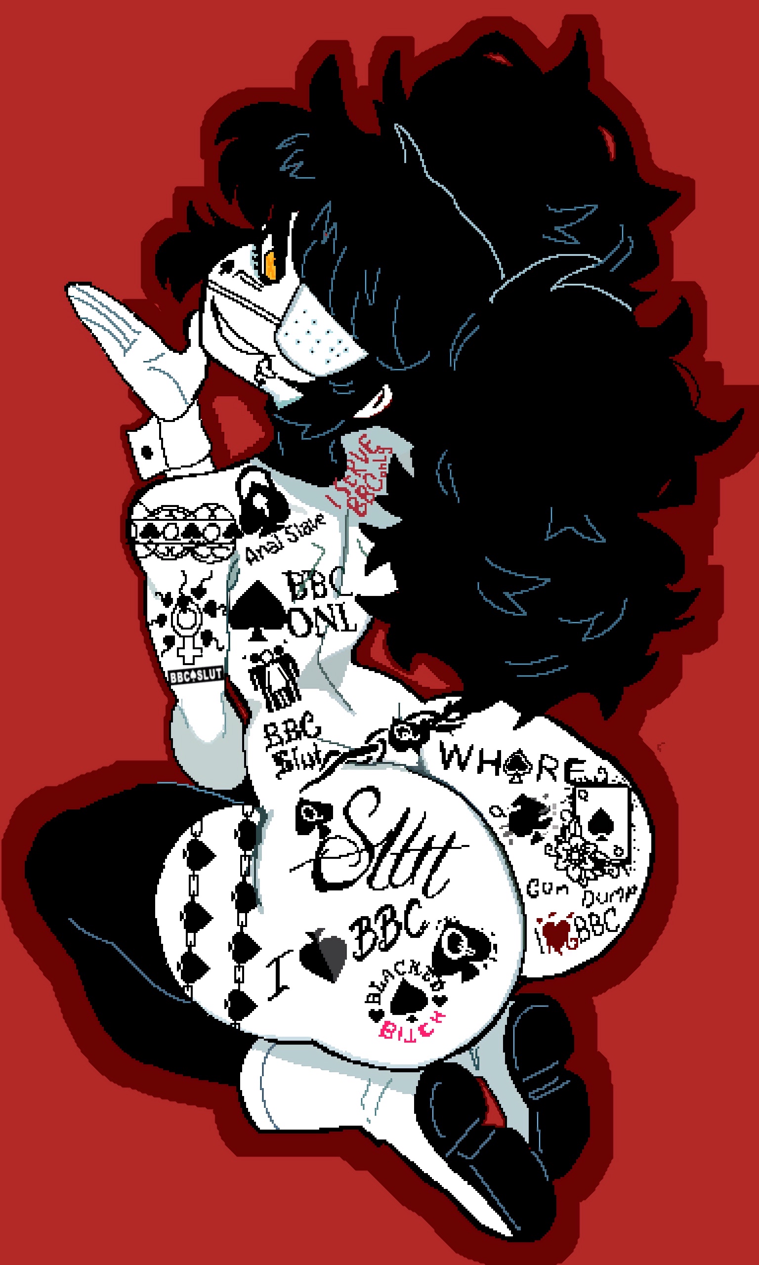 1girls, arched back, ass, big ass, black hair, black legwear, black thighhighs, blacked, blacked tattoo, boots, edit, edited art, eyelashes, face tattoo, fat ass, female, looking at viewer, monmaamn, no visible nipples, queen of spades, raceplay, seraphim (monam), small waist, solo, spade tattoo, tattoo, tattoo on butt, tattoos, text, white boots, white skin, wide hips, yellow eyes