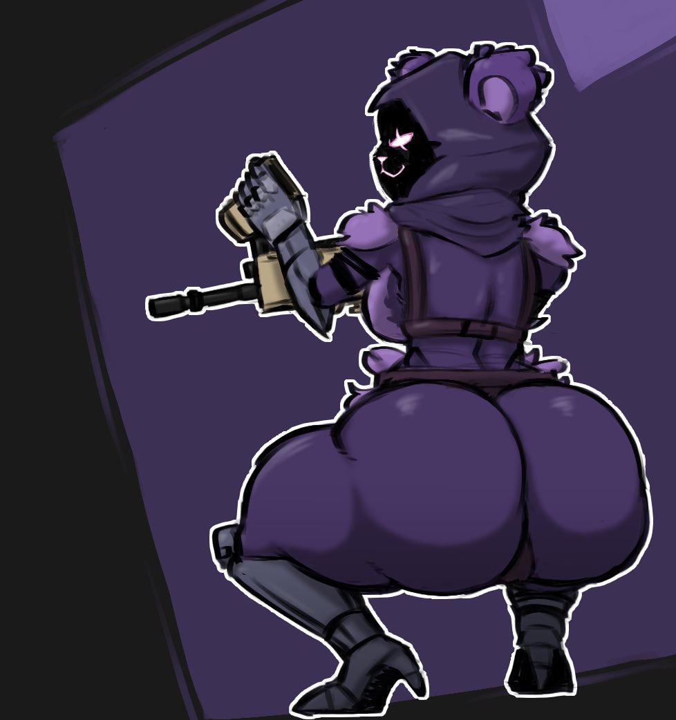 1girls, 5 fingers, anthro, armwear, ass, ass bigger than head, bear, big ass, bottom heavy, bubble ass, bubble butt, colored sketch, countershade torso, countershading, epic games, eye scar, female, female only, footwear, fortnite, fur tuft, furry, gauntlets, gloves, gluteal fold, gun, harness, heel boots, hourglass figure, purple body, purple fur, raven team leader, scar, spudds , squatting, thick thighs, toned, toned female, toned legs, two-tone body, two-tone fur, ursid