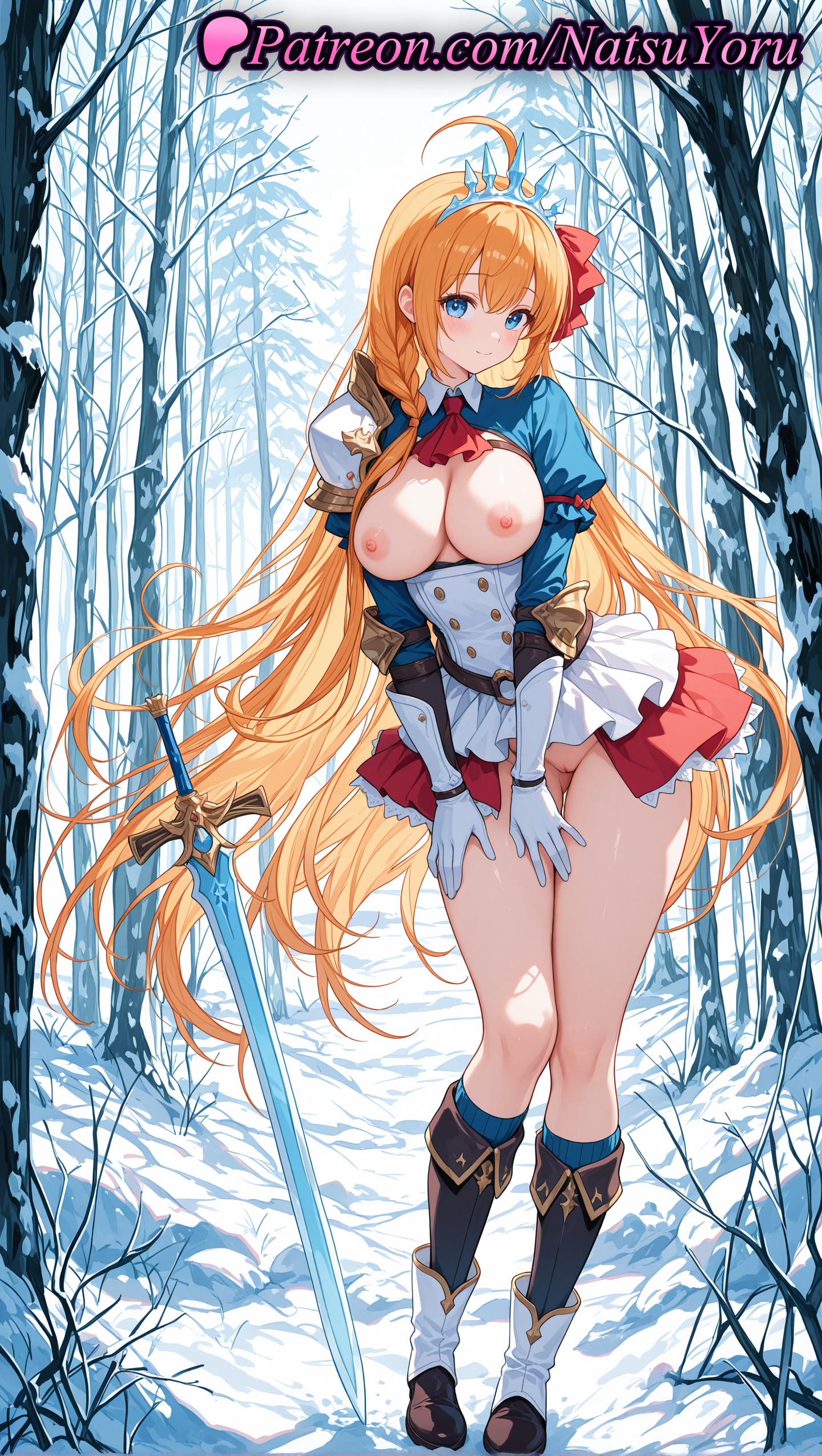 1girls, 2025, ahoge, ai generated, bangs, blue eyes, blush, boots, braid, breasts, breasts out, closed mouth, clothing, female, full body, gloves, hair ribbon, hi res, highres, large breasts, long hair, looking at viewer, natsuyoru, nipples, no panties, orange hair, outdoors, patreon, pecorine, pecorine (princess connect!), princess connect!, princess connect! re:dive, puffy sleeves, pussy, red ribbon, ribbon, skirt, socks, solo, standing, sword, tiara, very long hair, voluptuous, voluptuous female, weapon, white gloves