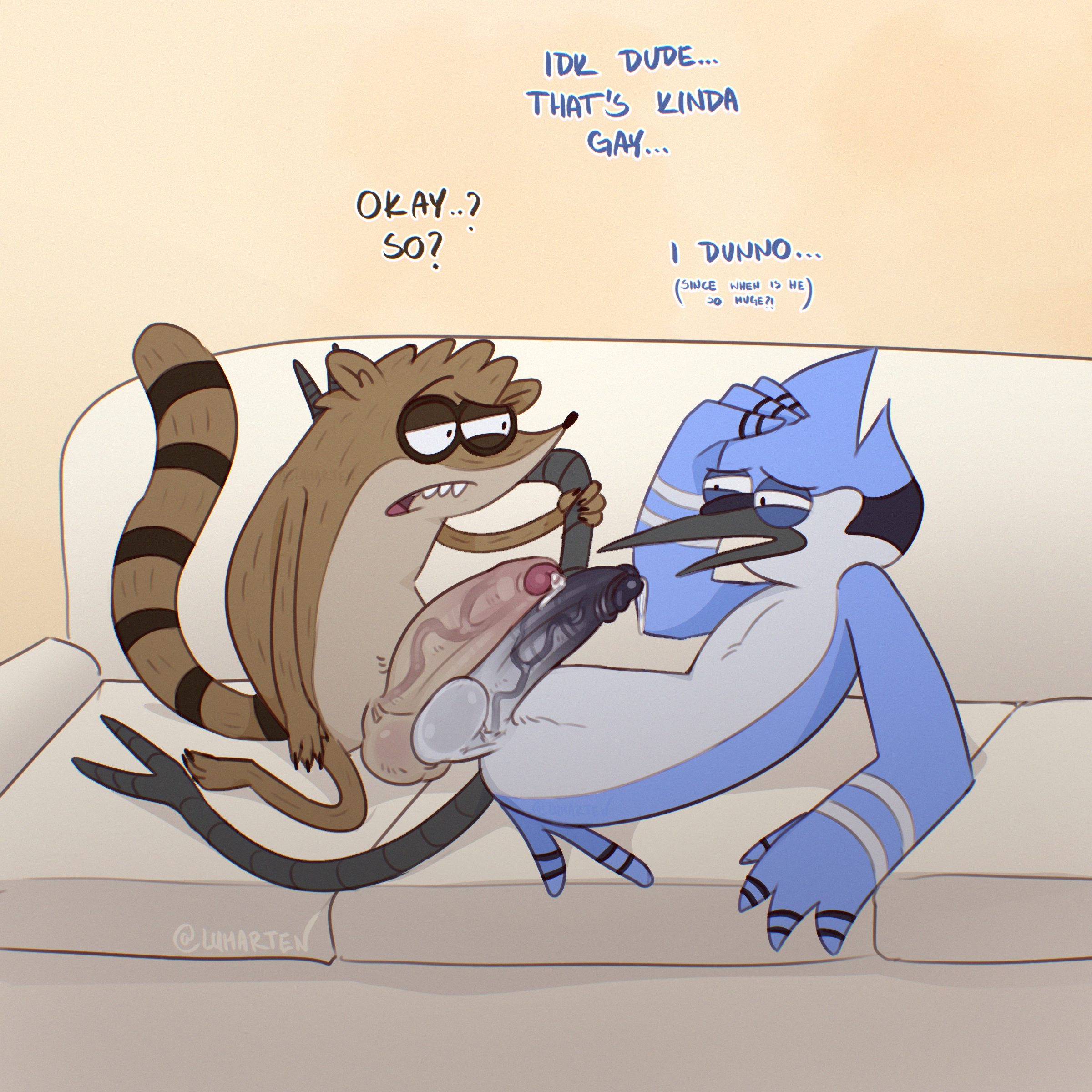 absurd res, anthro, avian, balls, big balls, big penis, bird, blue jay, bodily fluids, cartoon network, corvid, dialogue, digital media (artwork), duo, english text, erection, feathers, foreskin, frottage, fur, furniture, gay, gay male, genital fluids, genitals, hi res, huge balls, huge cock, humanoid genitalia, humanoid penis, jay (bird), leg grab, lumarten, male, male/male, mammal, mordecai (regular show), new world jay, nude, open mouth, oscine, passerine, penile, penis, penises touching, precum, procyonid, raccoon, regular show, rigby (regular show), rodent, sex, sofa, sofa sex, spread legs, spreading, tail, teeth, text, uncircumcised, vein, veiny penis, yaoi