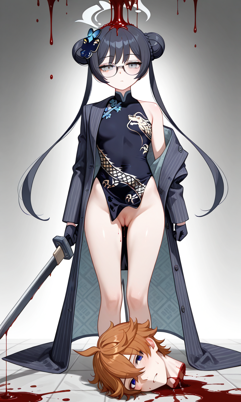 1boy ai-generated andymoe beheading black_hair black_hair_female blood_on_neck blood_splatter blue_archive blue_eyes butterfly_hair_ornament corpse decapitated decapitated_head decapitation double_bun empty_eyes ero_guro female femdom genshin_impact glasses gore guro kisaki_(blue_archive) necrophilia orange_hair pixai pussy reverse_ryona ryona snuff tartaglia_(genshin_impact) teenage teenage_girl teenager thighs uncensored vulva