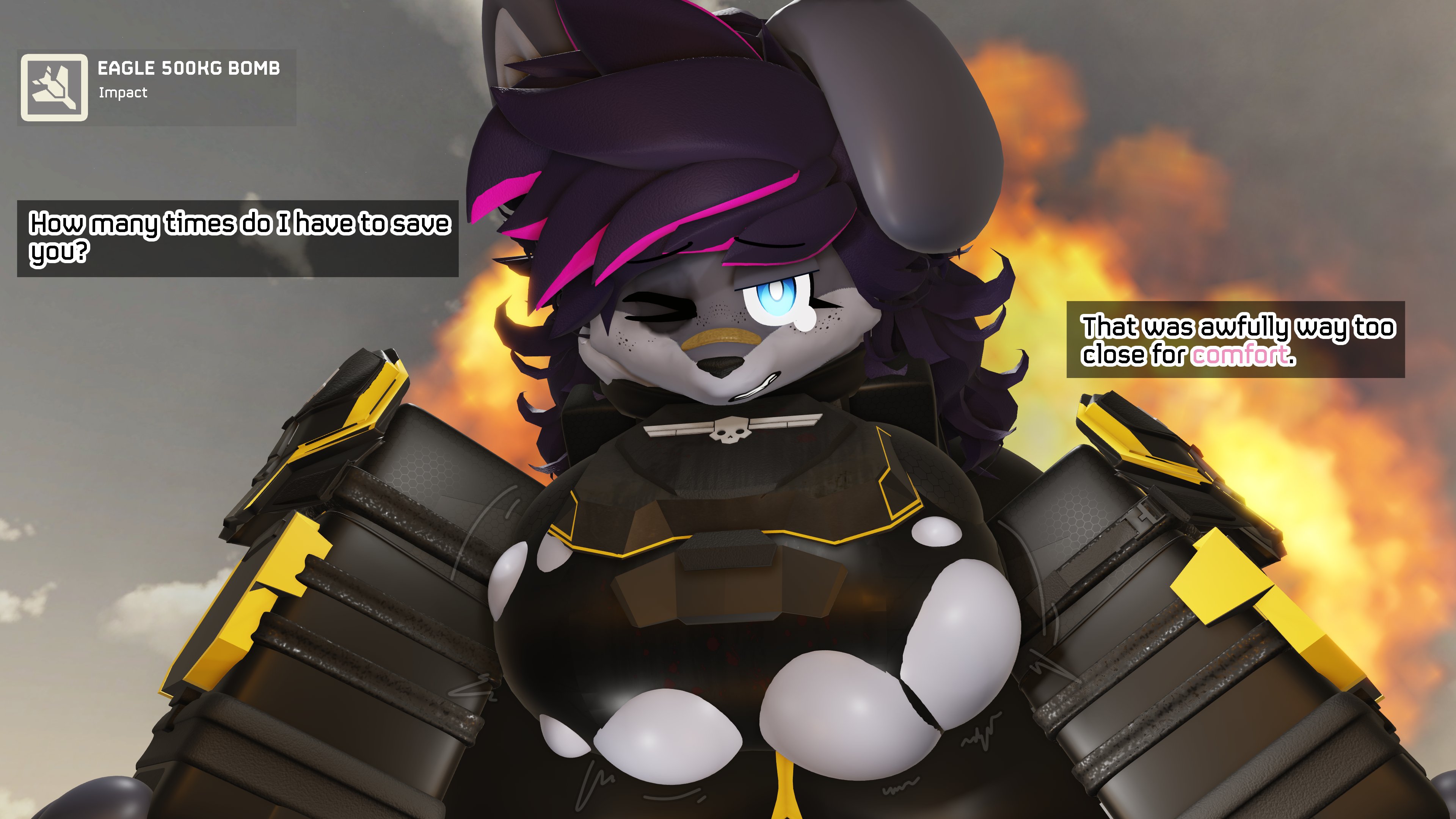 1girls, 2025, 3d, big breasts, breasts, caffinatedbuns, color, dialogue, english text, female, furry, furry only, helldivers, helldivers 2, original character, ripped clothing, roblox, robloxian, solo, tagme, text