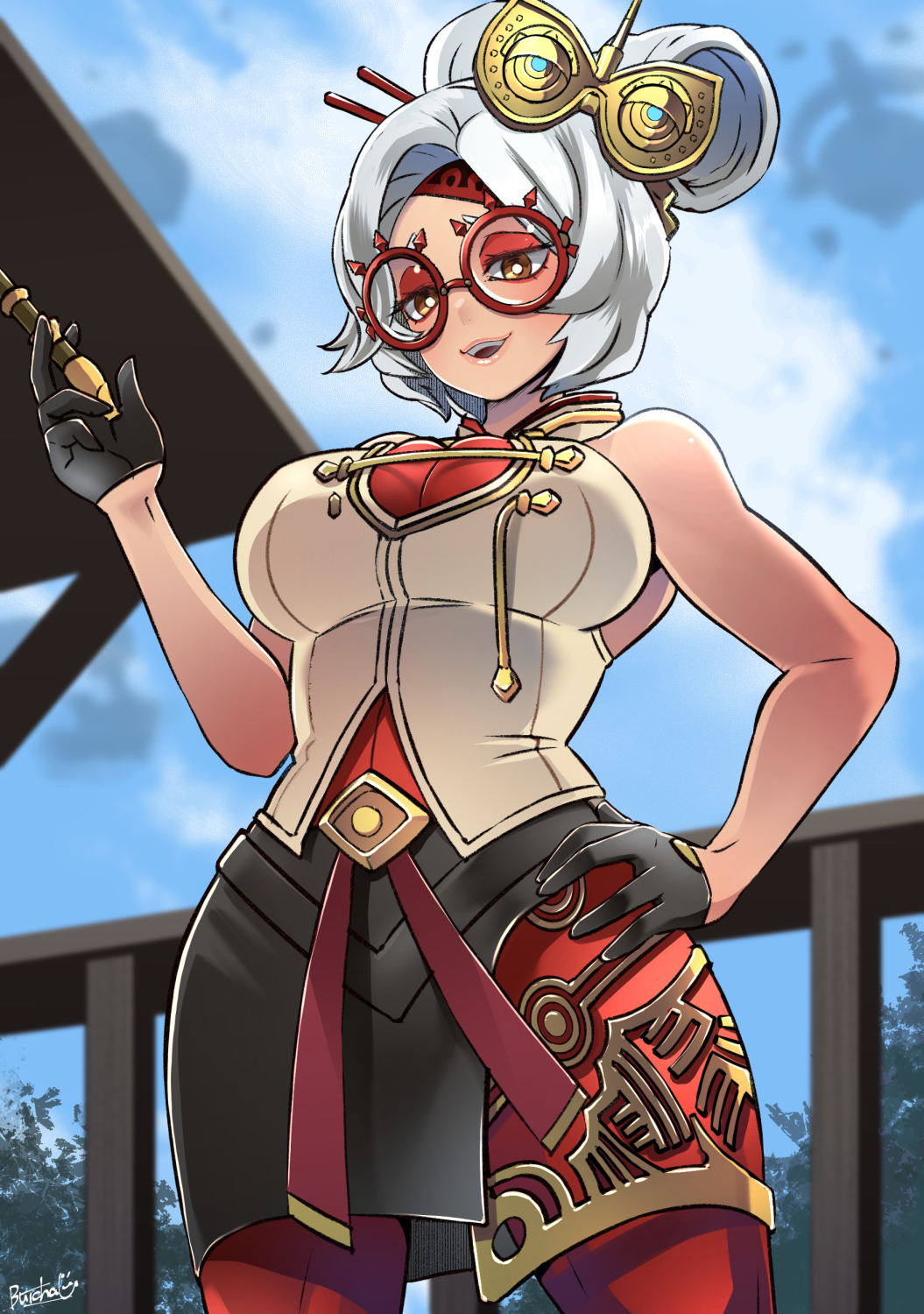1girl, 2d, 2d (artwork), adapted costume, bare shoulders, black gloves, blue sky, blush, breasts, butcha-u, cleavage, cloud, commentary, cowboy shot, day, eyeshadow, female, female only, glasses, gloves, hair ornament, hair stick, hand on own hip, highres, holding, jewelry, large breasts, looking at viewer, makeup, medium breasts, nintendo, open mouth, outdoors, pantyhose, purah, purah (tears of the kingdom), red eyes, red-framed eyewear, round eyewear, sfw, sheikah, skirt, sky, sleeveless, smile, solo, standing, tears of the kingdom, the legend of zelda, white hair