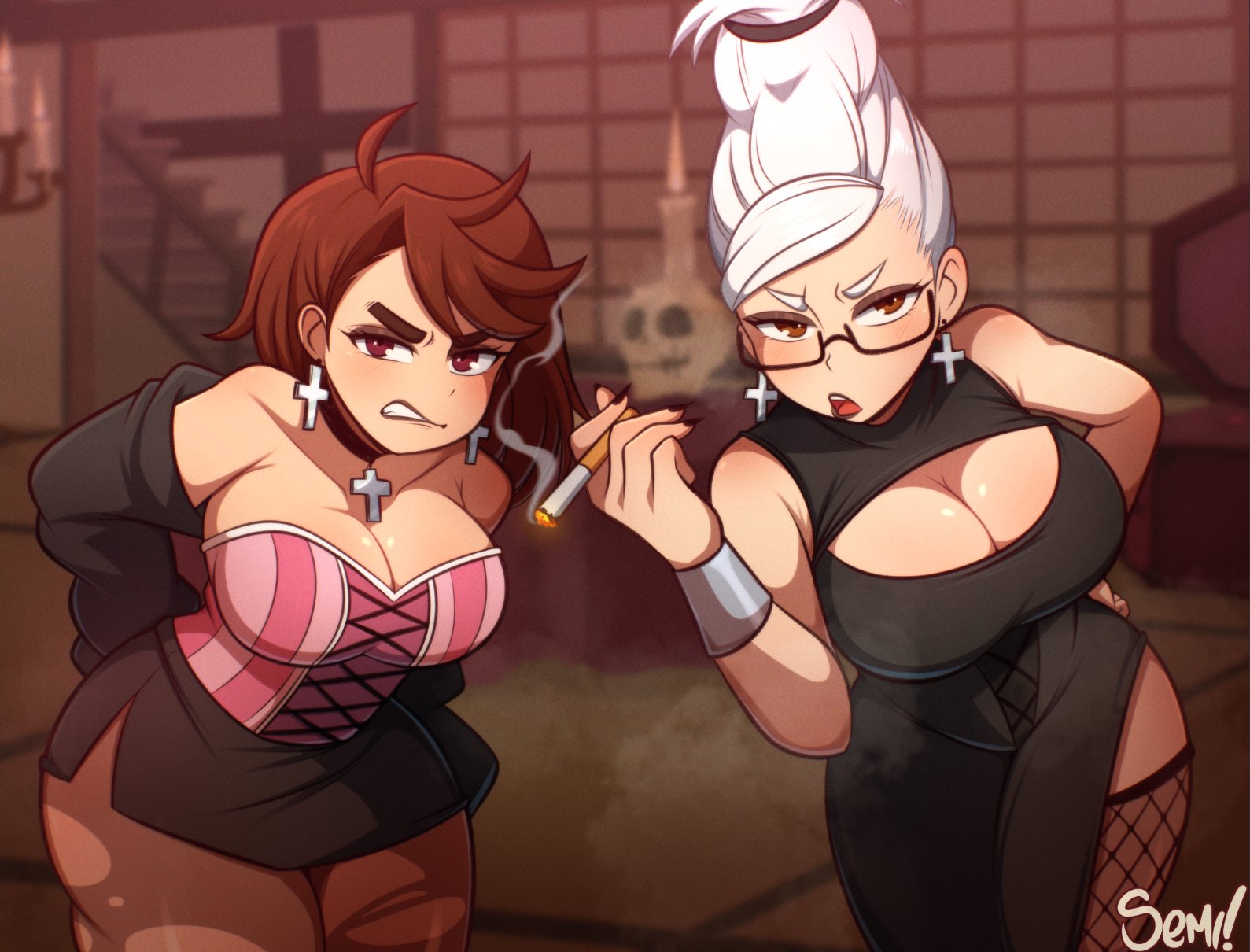 2girls, ayase momo, ayase seiko, bare shoulders, black lipstick, breasts, brown eyes, brown hair, choker, cleavage, corset, dandadan, dress, earrings, fishnets, glasses, jacket, leggings, long hair, looking at viewer, mean, mean look, open mouth, semidraws, short hair, skirt, slim waist, smoke, smoking, tagme, thick thighs, tied hair, tight clothing, torn clothes, voluptuous, white hair, wide hips