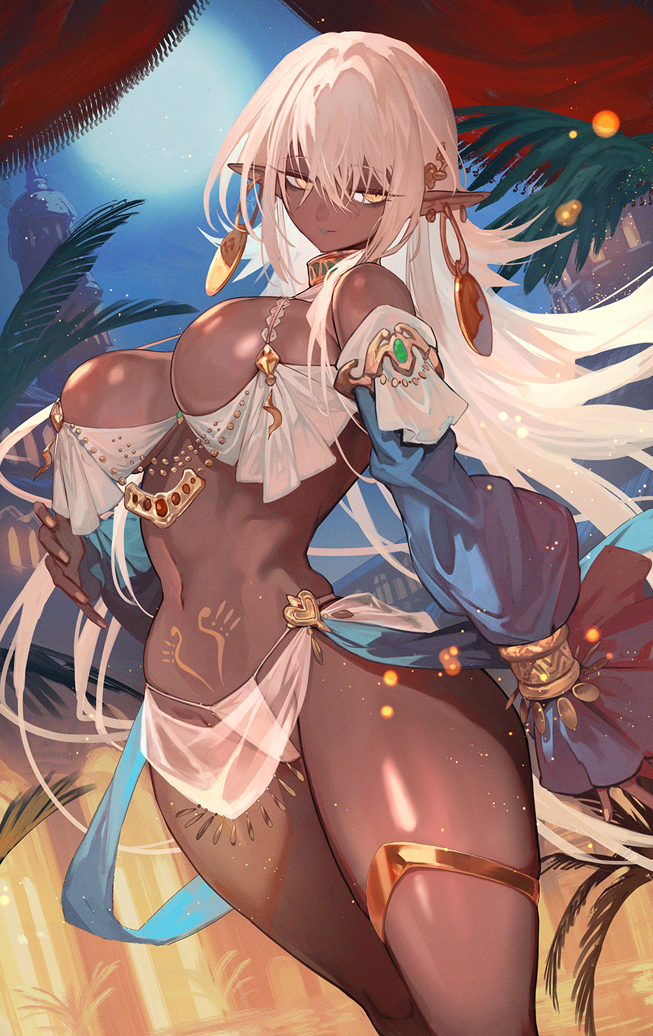 breasts, dancer, dark elf, dark skin, dark-skinned female, earrings, elf, harem outfit, jewelry, lack, large breasts, long hair, navel, original, pointy ears, thick thighs, white hair, yellow eyes