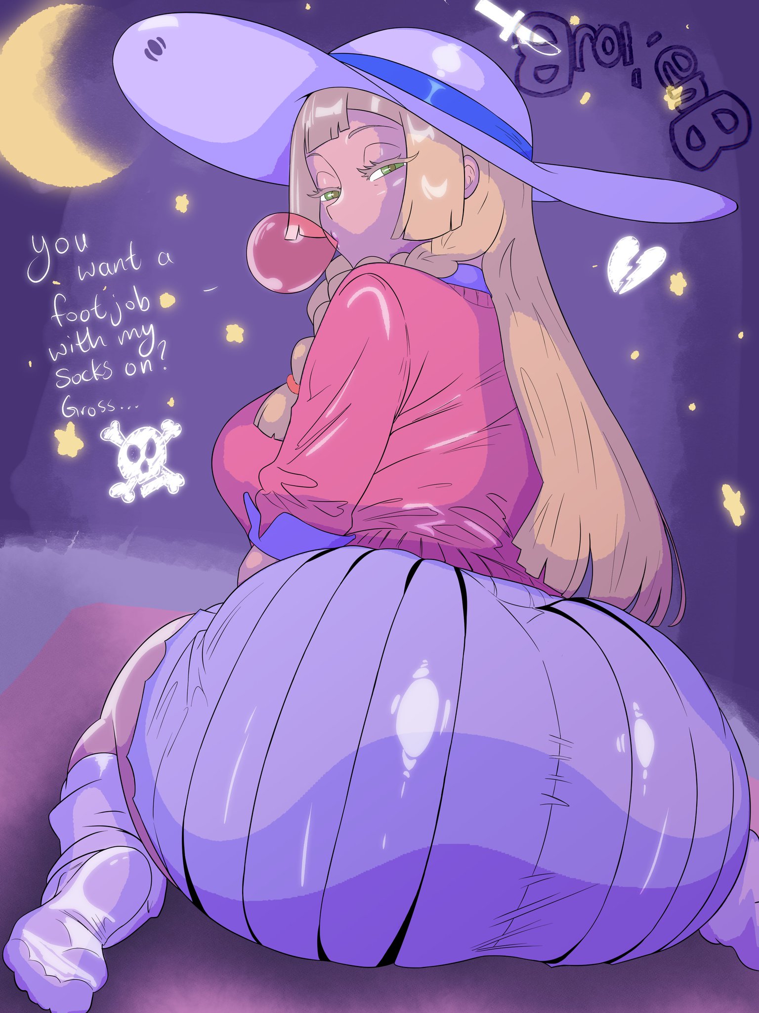 2d, 2d (artwork), big ass, brokenbonesad, dialogue, female, female focus, female only, foot fetish, gyaru, lillie (pokemon), pokemon, socks, text