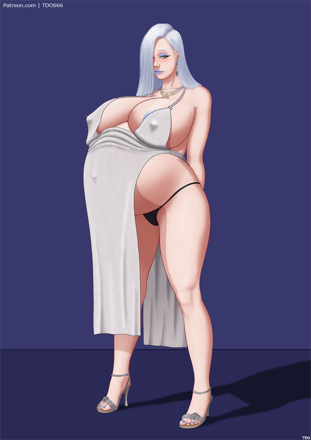 1girls, alternate version available, areolae, areolae slip, azur lane, belly, big belly, big breasts, black panties, bloated belly, blue areola, blue eyeshadow, blue lips, blue toenails, breasts, cleavage, clothing, cosplay, dress, ear piercing, earrings, eyeshadow, fate (series), female, female only, footwear, full body, hair, hair over one eye, heels, high heels, huge breasts, lips, lipstick, long hair, mature, mature female, mature woman, necklace, neckwear, nipple bulge, omi-san (fate), panties, pelvic curtain, pregnant, pregnant belly, pregnant female, skimpy, skimpy dress, solo, solo female, st. louis (luxurious wheels) (azur lane) (cosplay), tdo666, toenail polish, toenails, underwear, white dress, white hair, yellow eyes