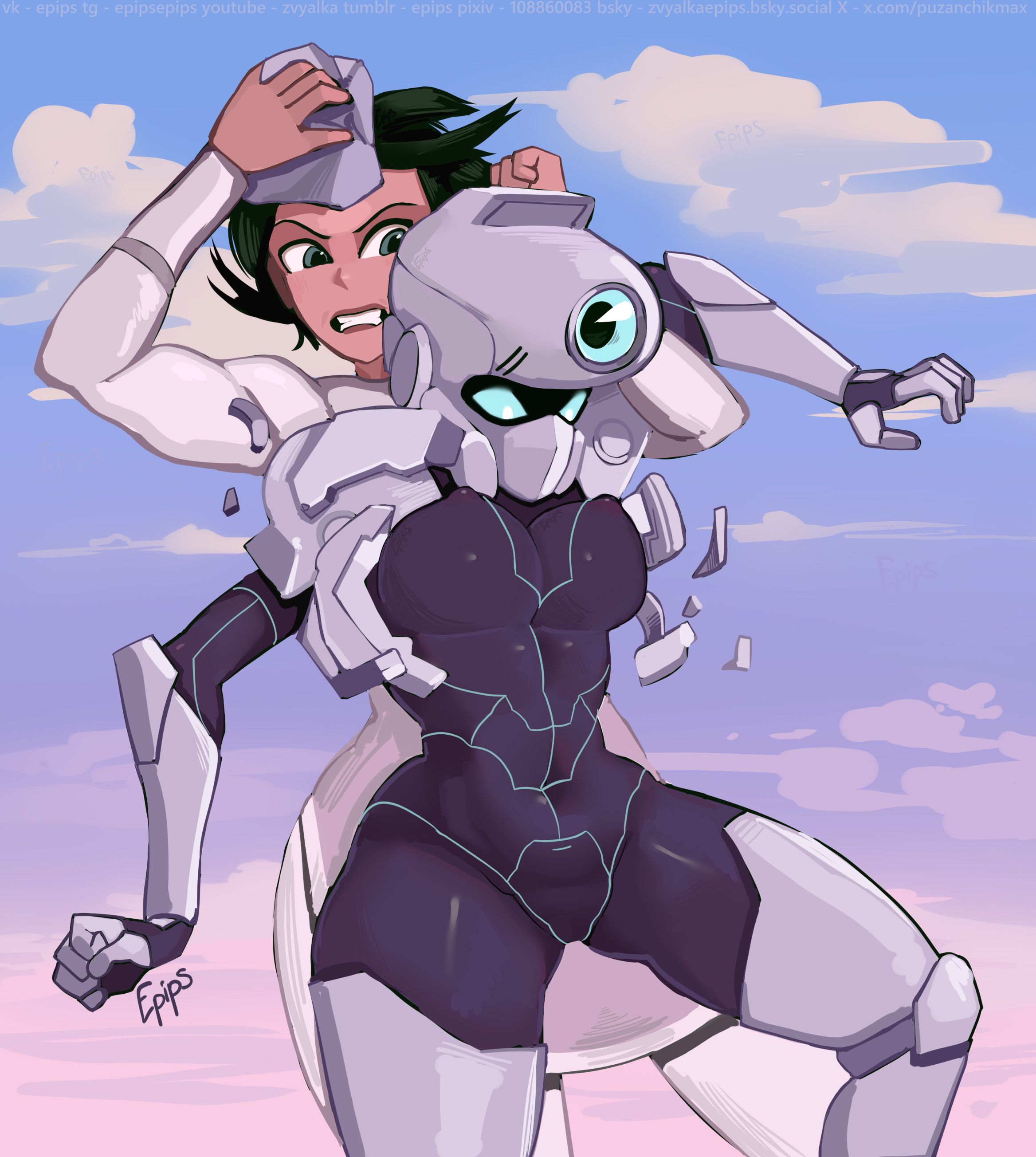 2girls, anissa, armor, armored female, black hair, bodysuit, breasts, canonical scene, clothed, clothing, duo, female, female only, female/female, femdom, hair, helmet, invincible, invincible (tv series), mask, masked female, medium breasts, mommy dom, muscular, muscular female, nipple bulge, nipples, older female and younger female, open mouth, puzanchikmax, questionable consent, short hair, tech jacket, tech jacket (zoe thompson), thick thighs, tight clothing, viltrumite, wide hips